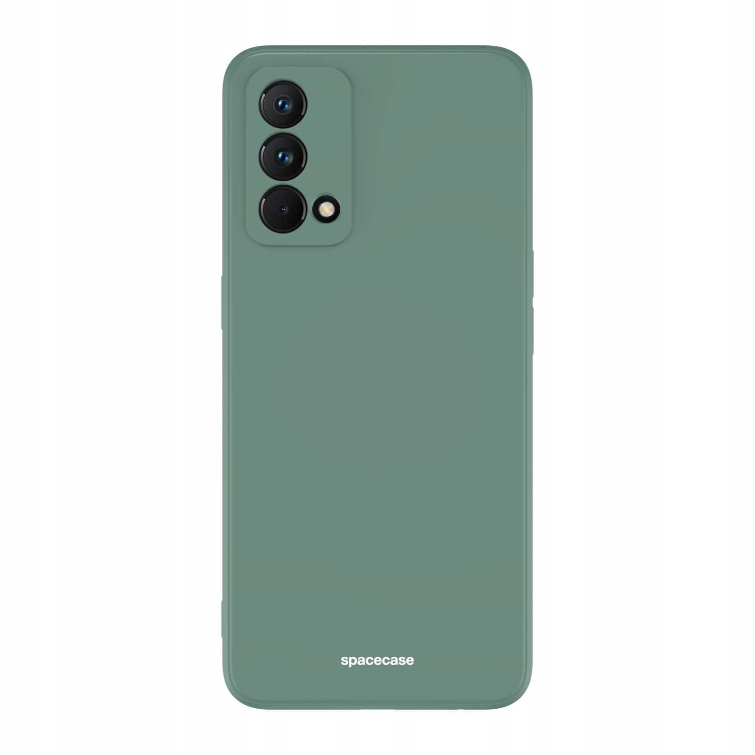 Ciemnozielone etui na telefon z wycięciami na aparat i brandingiem 'spacecase' wyświetlane na białym tle.