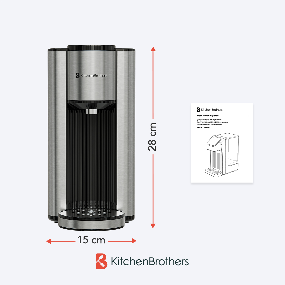 De afmetingen van een waterdispenser worden weergegeven naast de afbeelding en een technisch document, waarbij het compacte ontwerp wordt benadrukt.