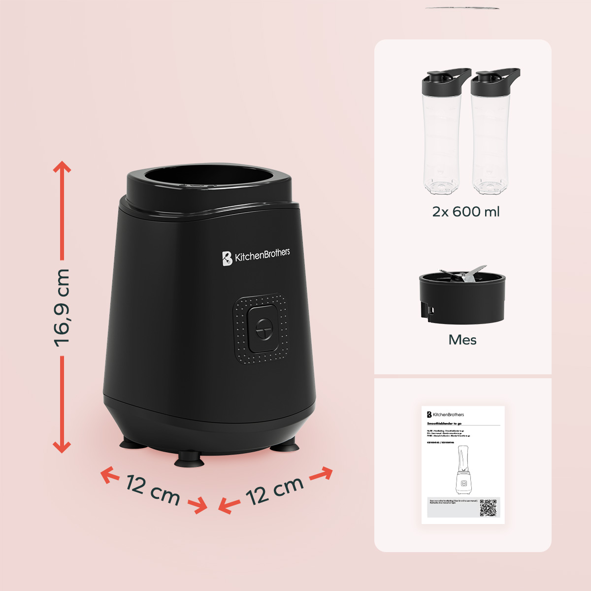 Zwarte KitchenBrothers blender met accessoires, afmetingen aangegeven. Witte achtergrond.