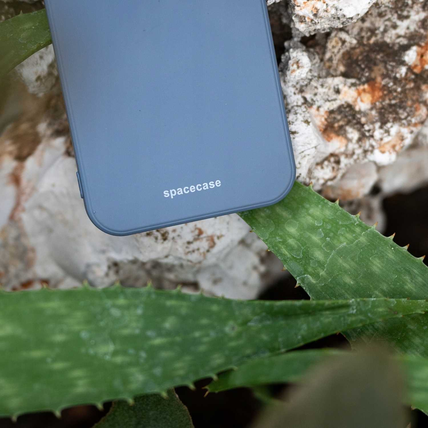 Niebieskie etui na telefon leży na skałach i liściu aloesu. Na etui białymi literami napisano „spacecase”.
