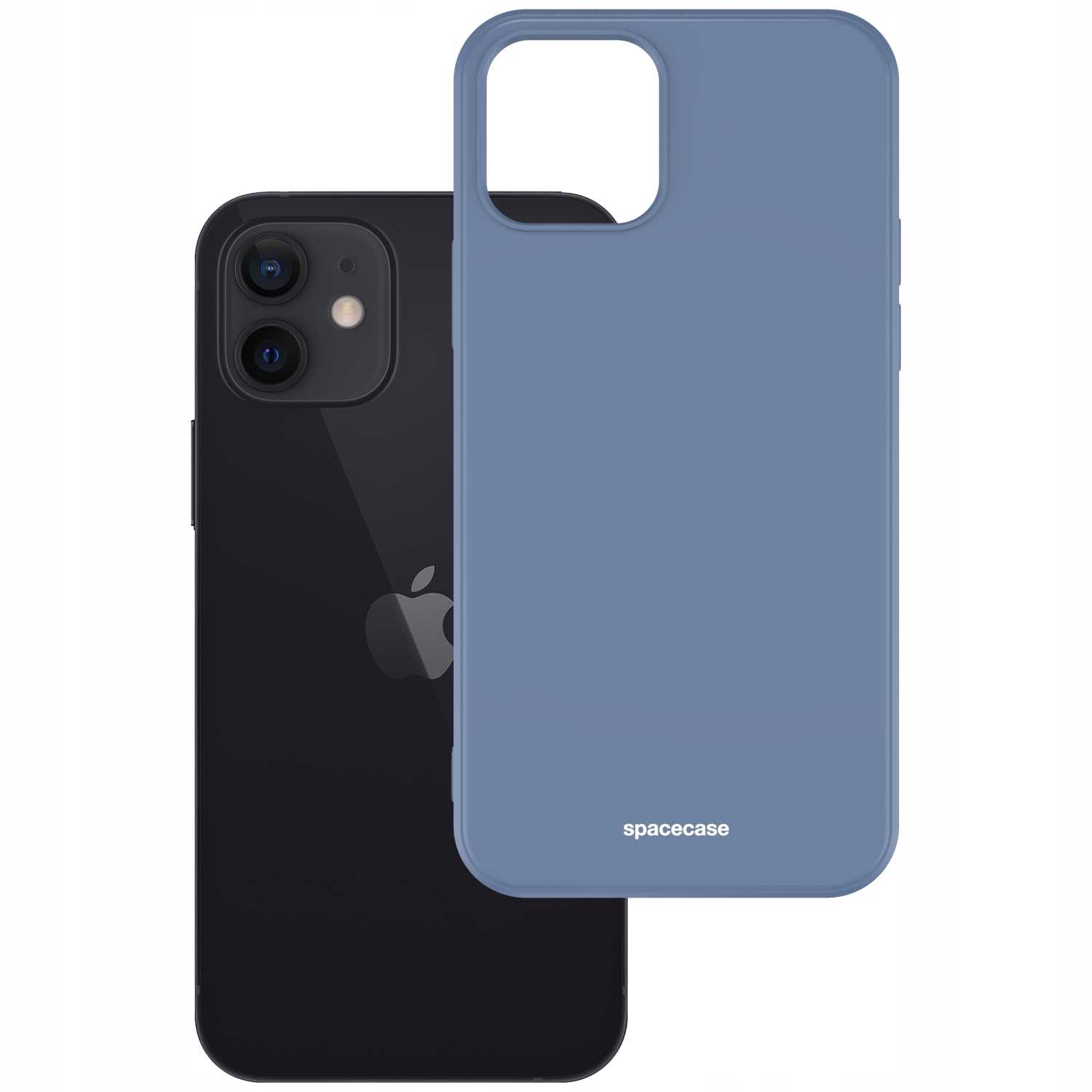 Niebieskie etui obok czarnego iPhone'a. Etui ma wycięcie na aparat i napis 'spacecase'.