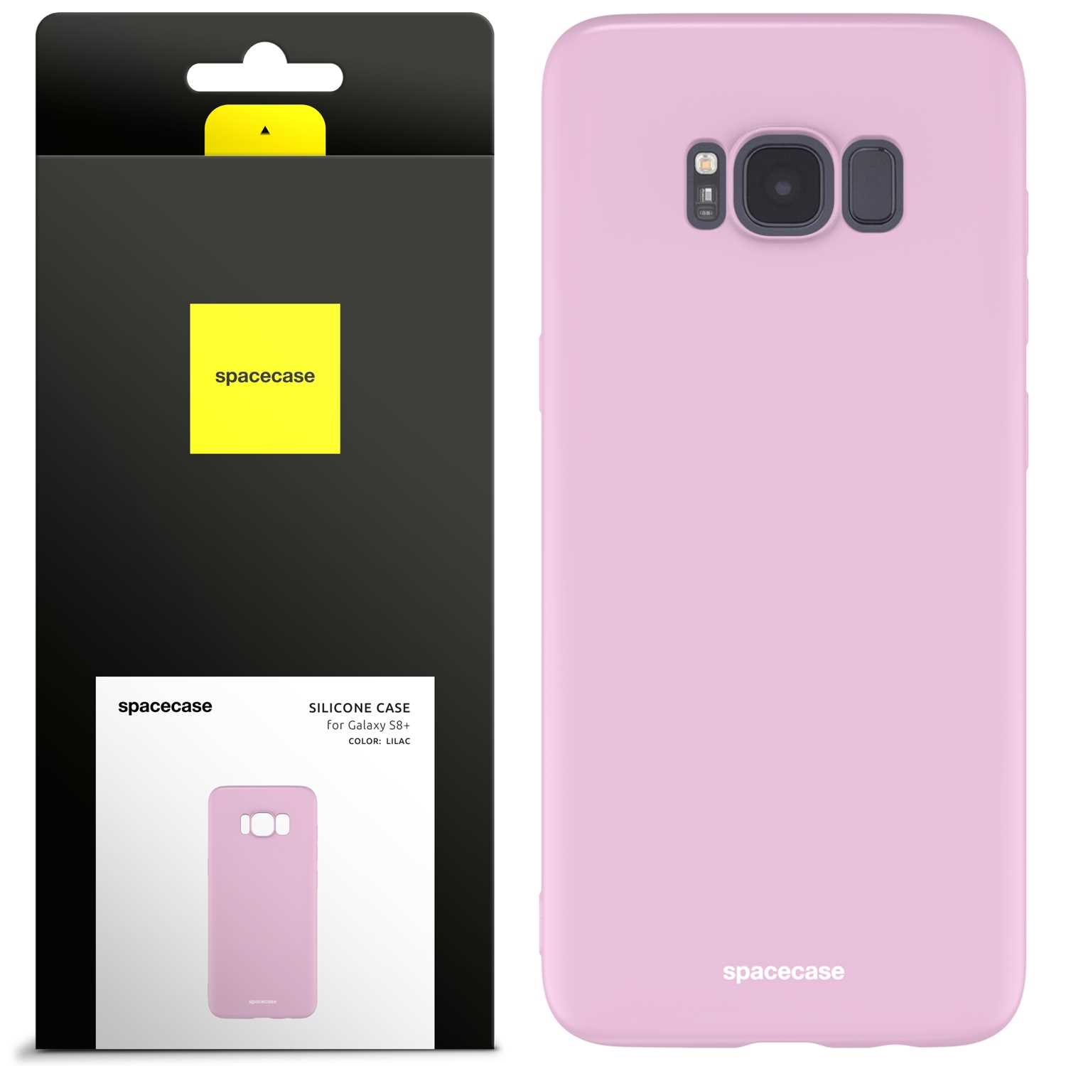 Liliowe etui na telefon 'spacecase' i opakowanie na białym tle.