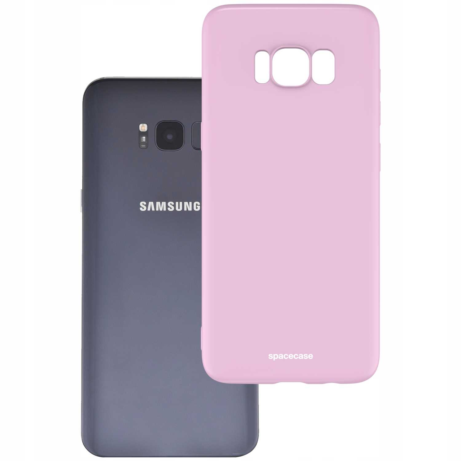 Telefon Samsung i liliowe etui na telefon 'spacecase' na białym tle.