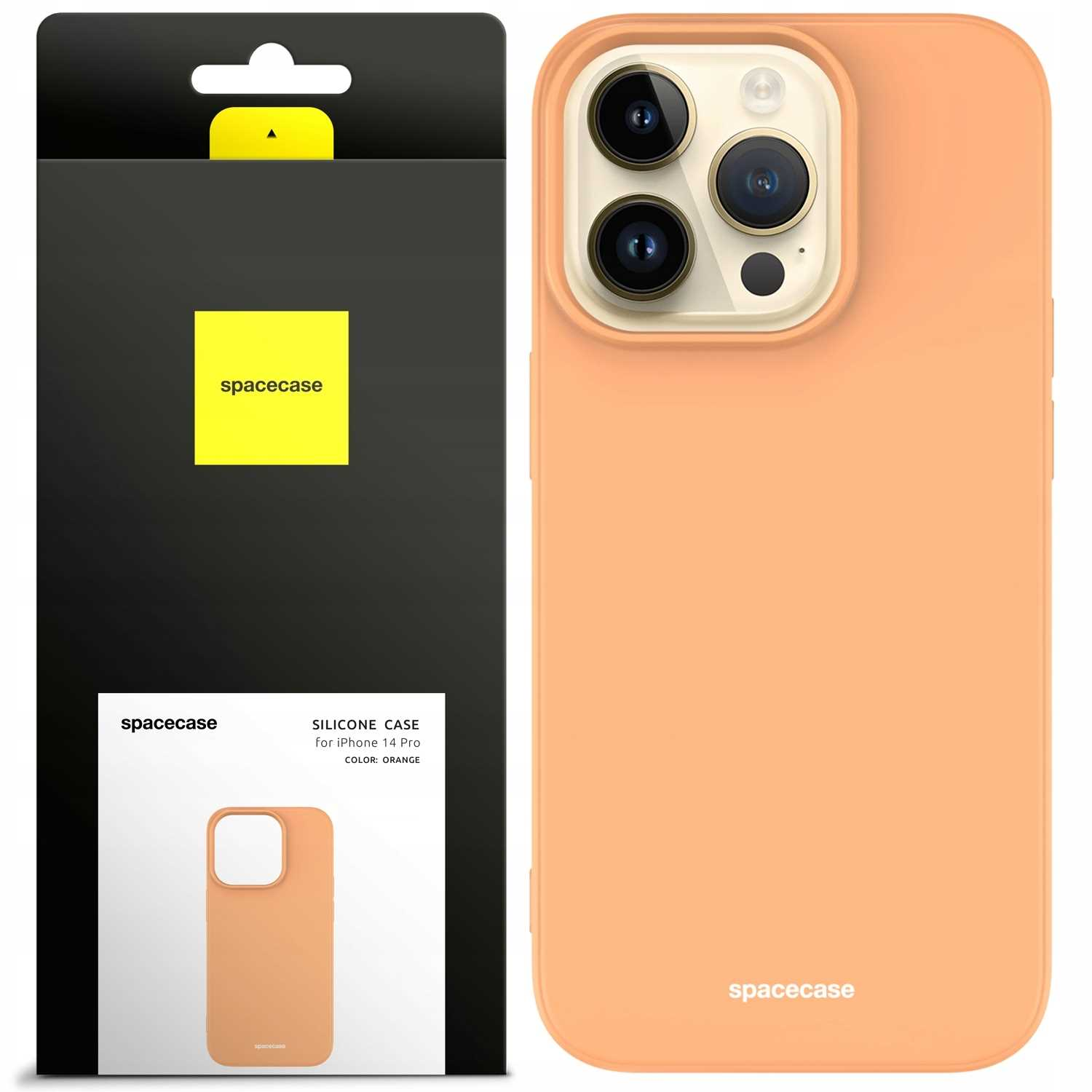 Pomarańczowe silikonowe etui do iPhone'a 14 Pro z opakowaniem. Widoczna marka „spacecase”.
