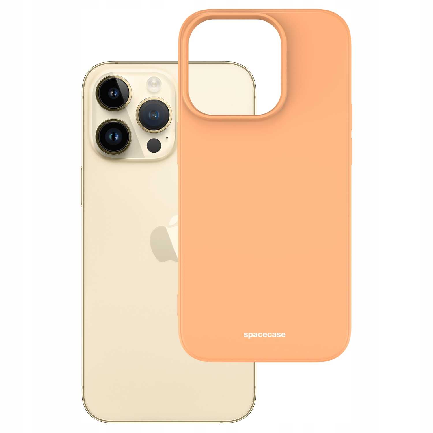 Pomarańczowe etui na iPhone'a „spacecase” obok złotego iPhone'a, prezentujące aparat i markę.