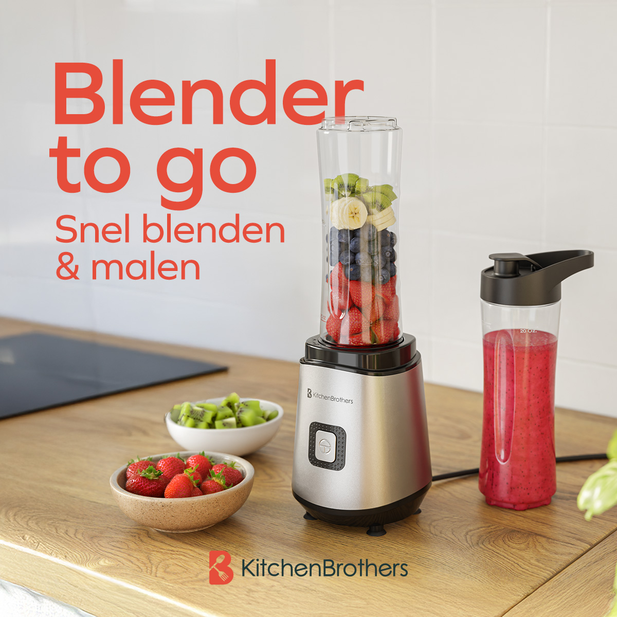 A KitchenBrothers blender with fruit and a prepared smoothie on a counter.