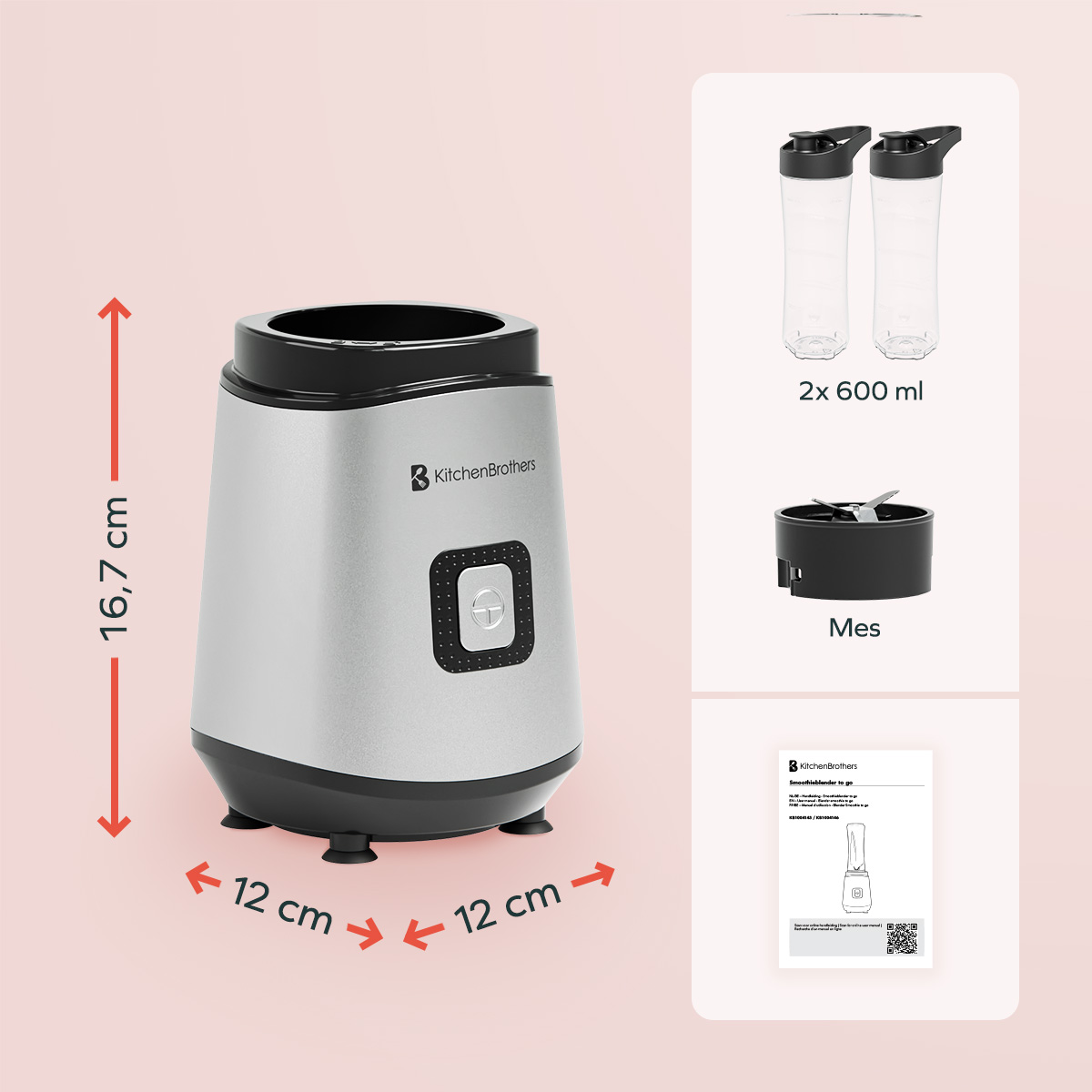 A KitchenBrothers blender with dimensions and accessories shown on a pink background.