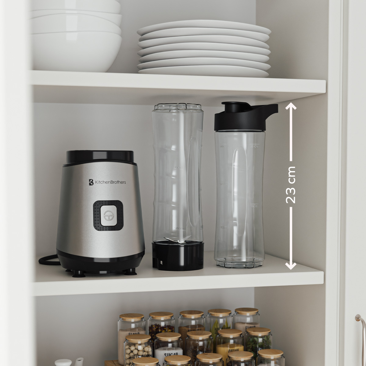 A silver blender and clear bottles sit on a white shelf with food jars below.