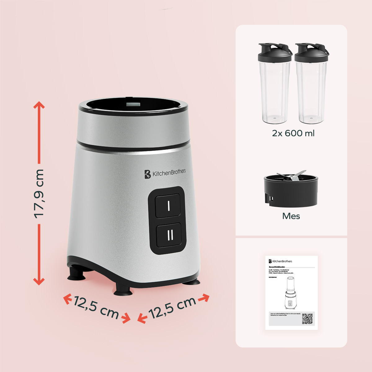 Een zilveren blender en een onderdelendiagram met maatvoeringen op een roze achtergrond.
