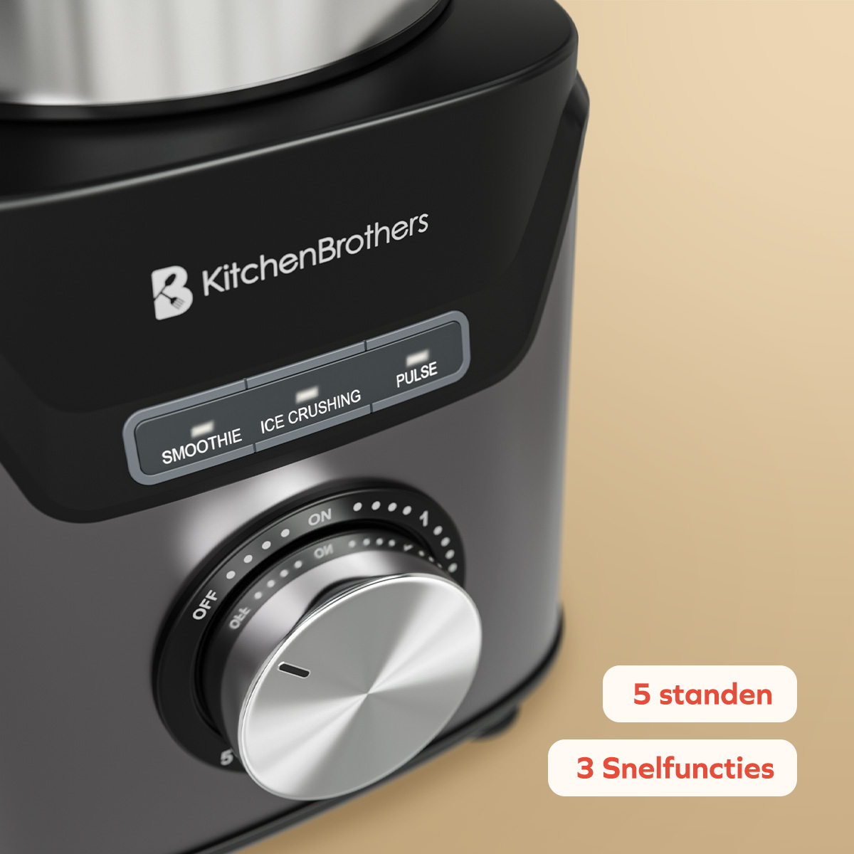 Close-up van een blenderknop en knoppen op een beige achtergrond met tekst.