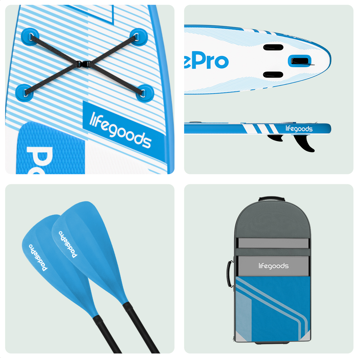 Paddleboard-Zubehör und Details in einem Vier-Felder-Raster.