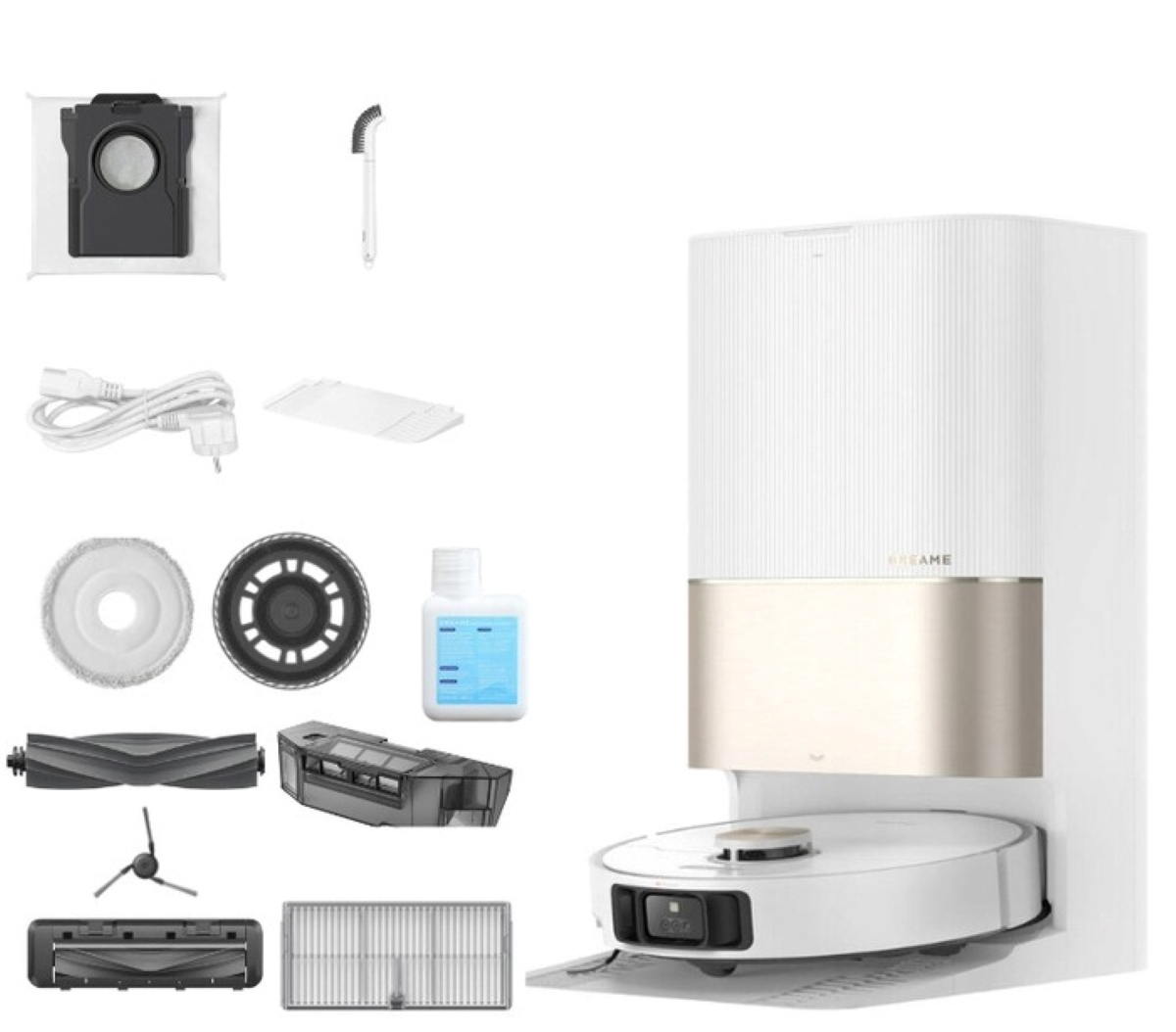 Biały robot odkurzający i akcesoria na białym tle.