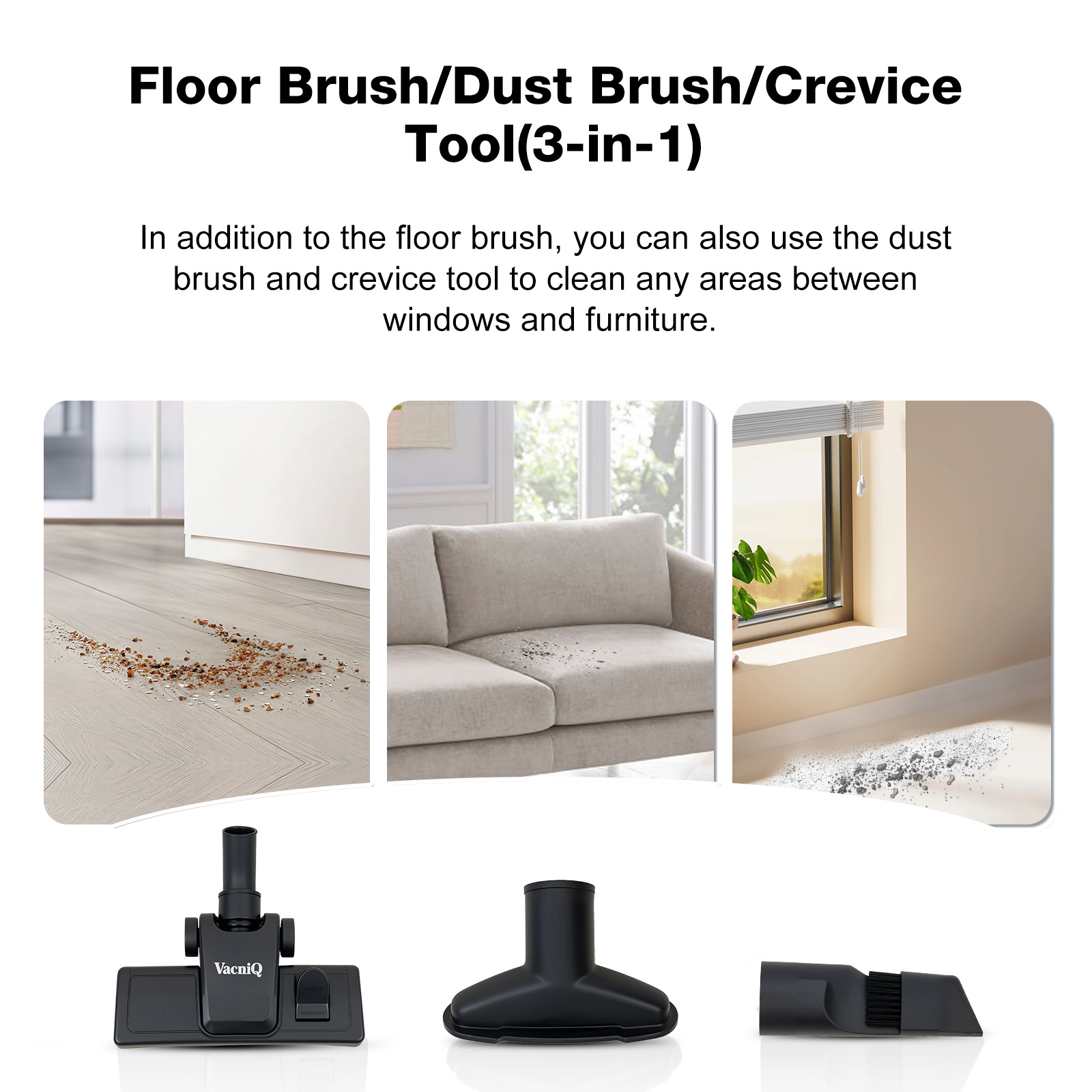 Kolaż przedstawiający szczotkę podłogową, szczotkę do kurzu i narzędzie do szczelin z zastosowaniami w różnych ustawieniach.