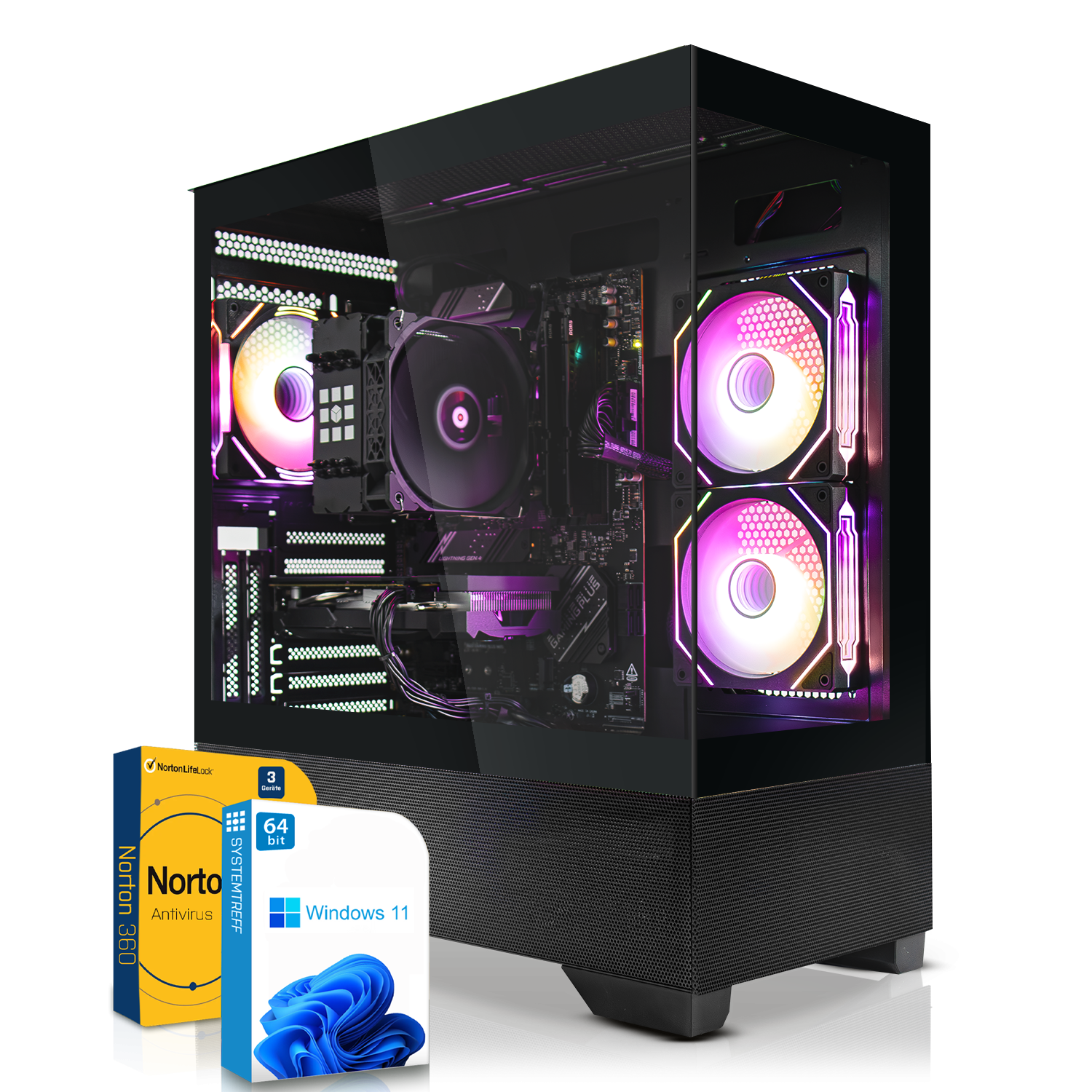 Schwarzer PC-Tower mit bunten Lüftern, Windows 11 und Norton 360-Boxen auf einer schwarzen Oberfläche.