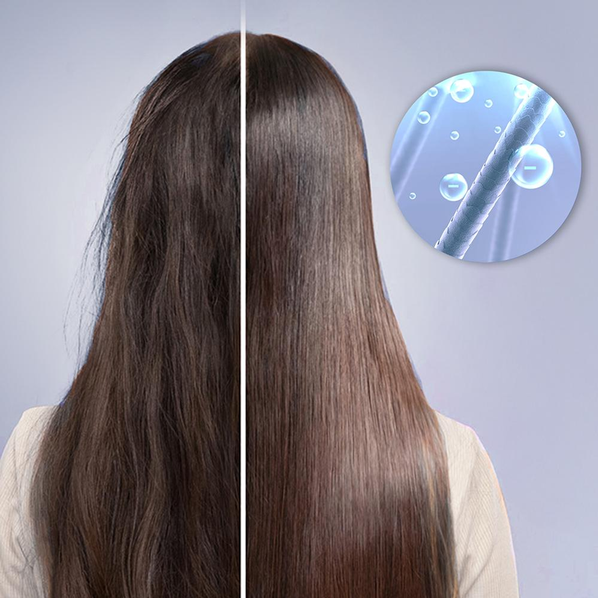 Vergelijking van beschadigd en glad haar. Een diagram van een haarstreng met bellen rechts.