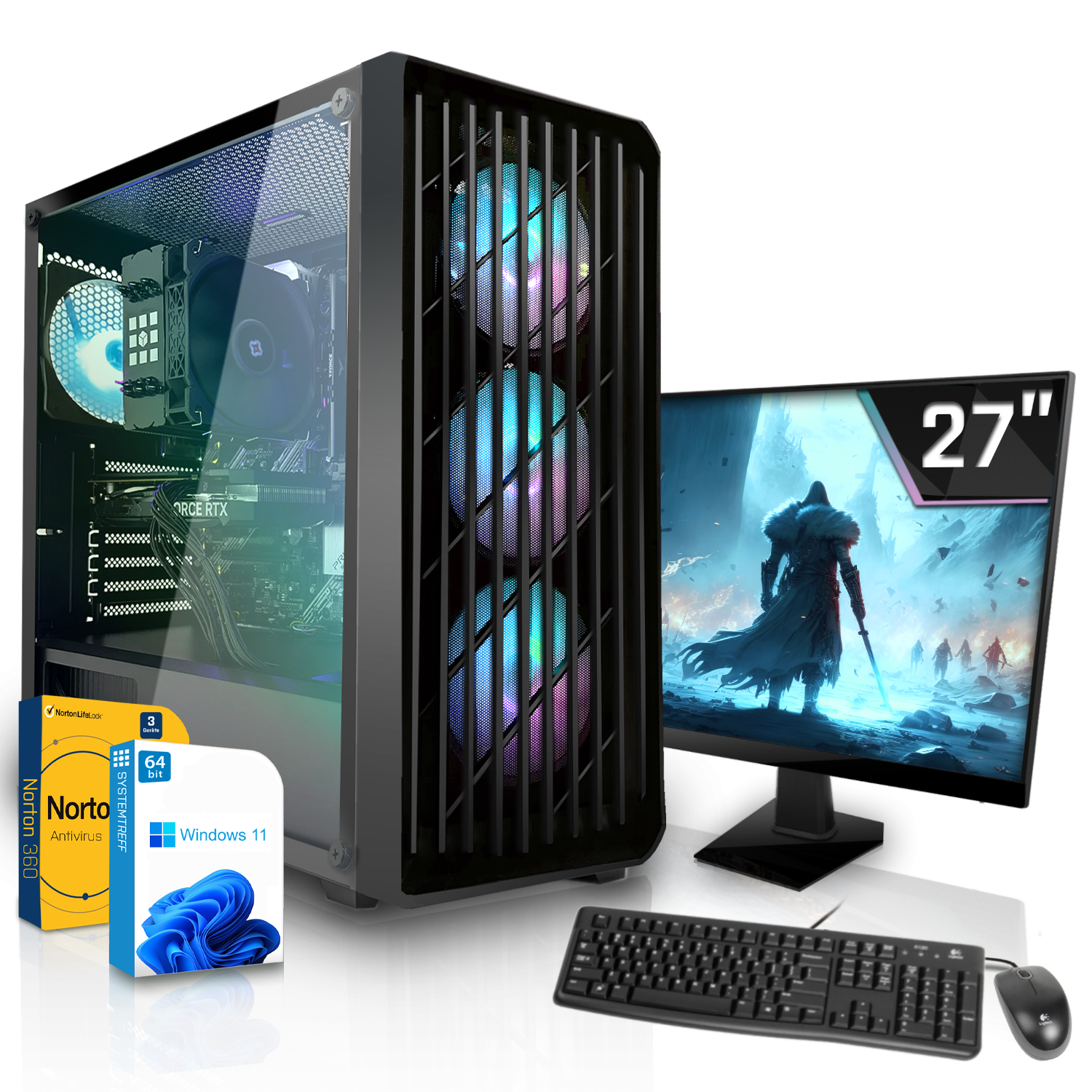 Ein Desktop-Computer-Setup umfasst einen Monitor, eine Tastatur und eine Maus auf einer reflektierenden Oberfläche.