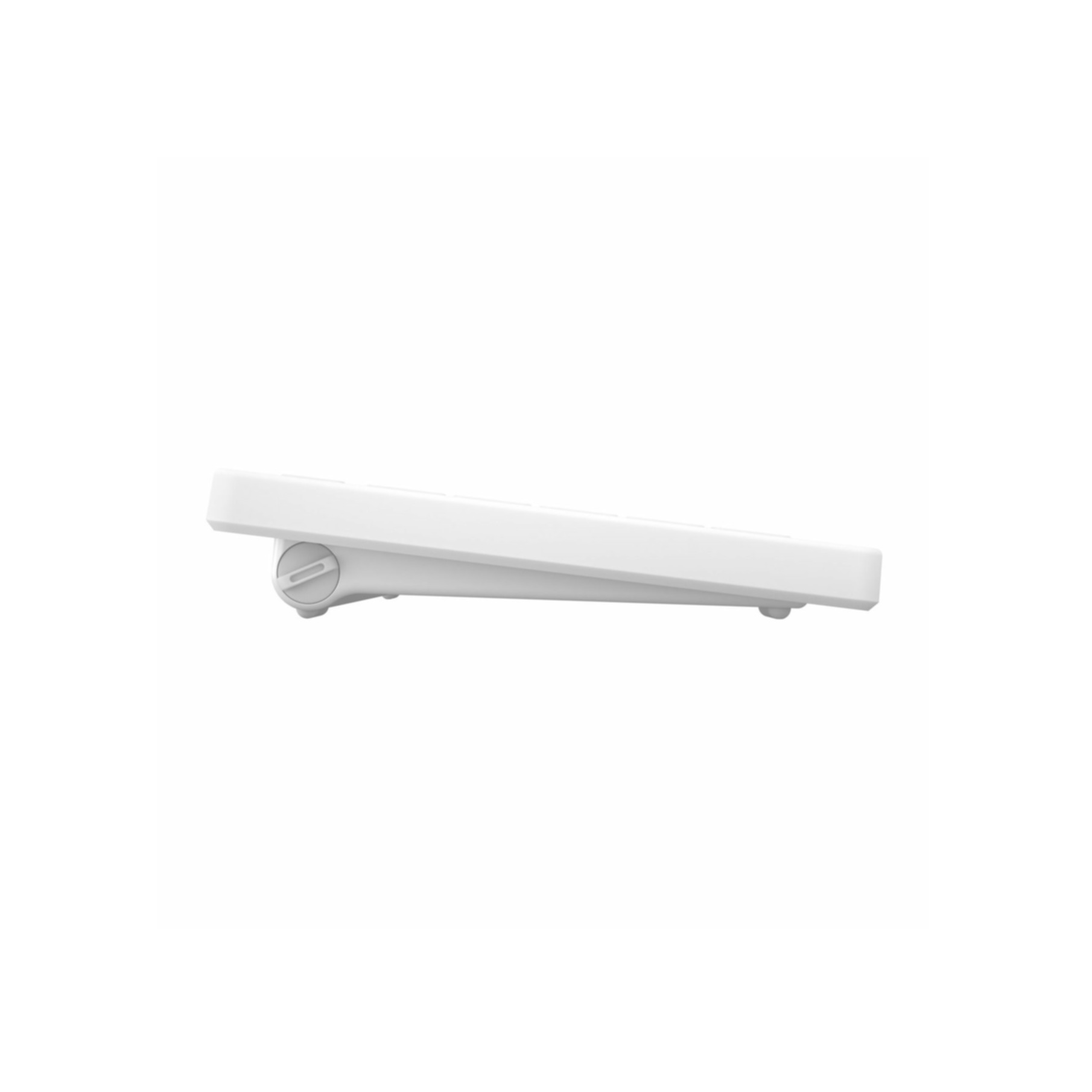 A white keyboard is viewed from the side, highlighting its thickness and adjustable stand.