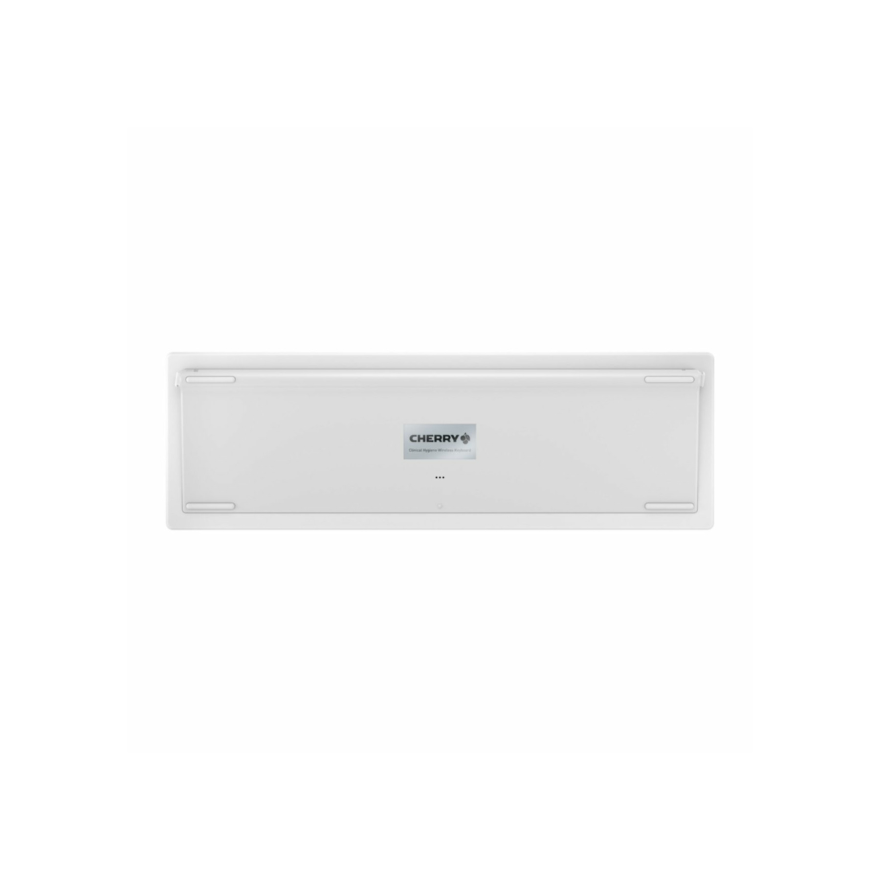 The bottom of a white keyboard showing the manufacturer's logo and product information label.