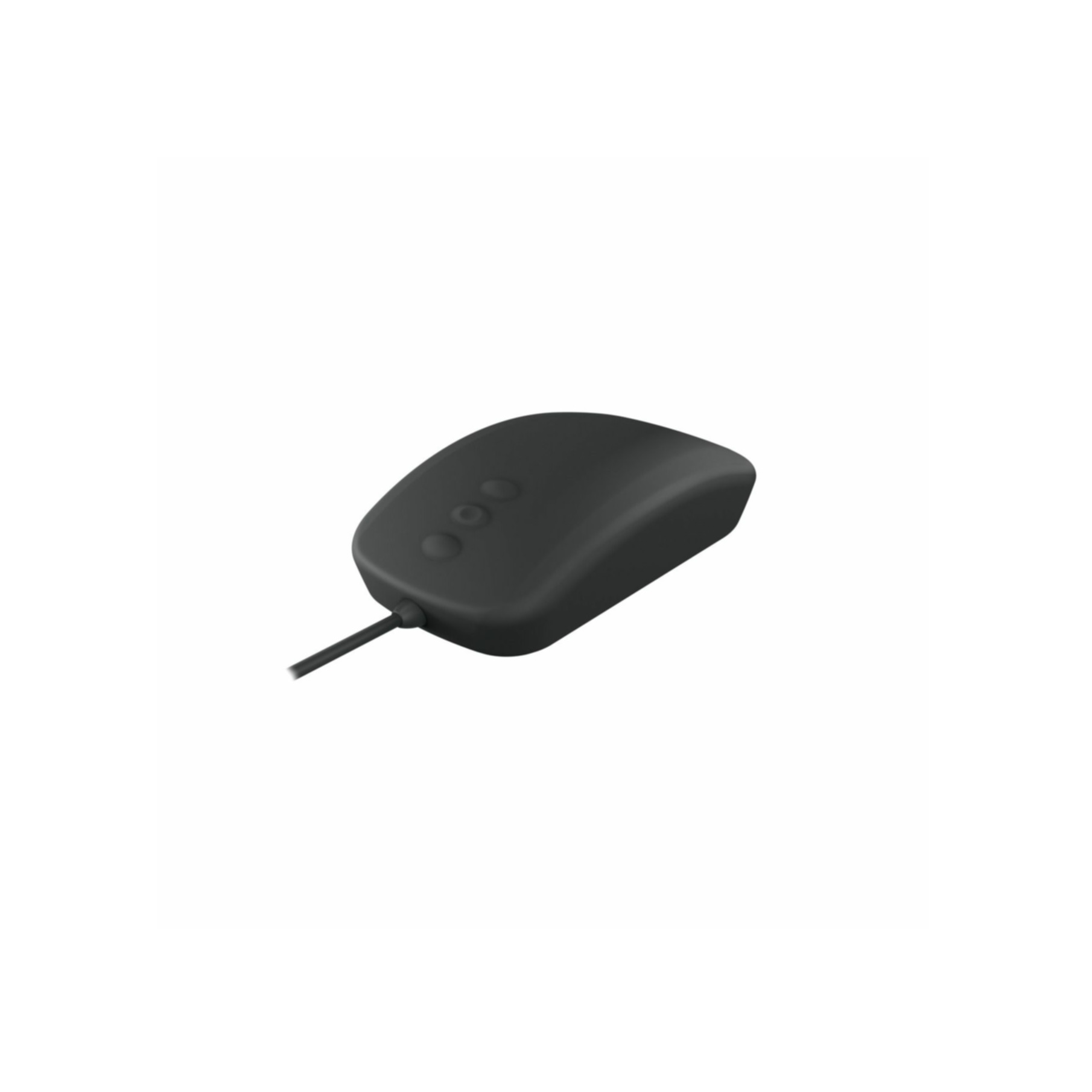 Un ratón de ordenador negro con cable, con tres botones sobre un fondo blanco.