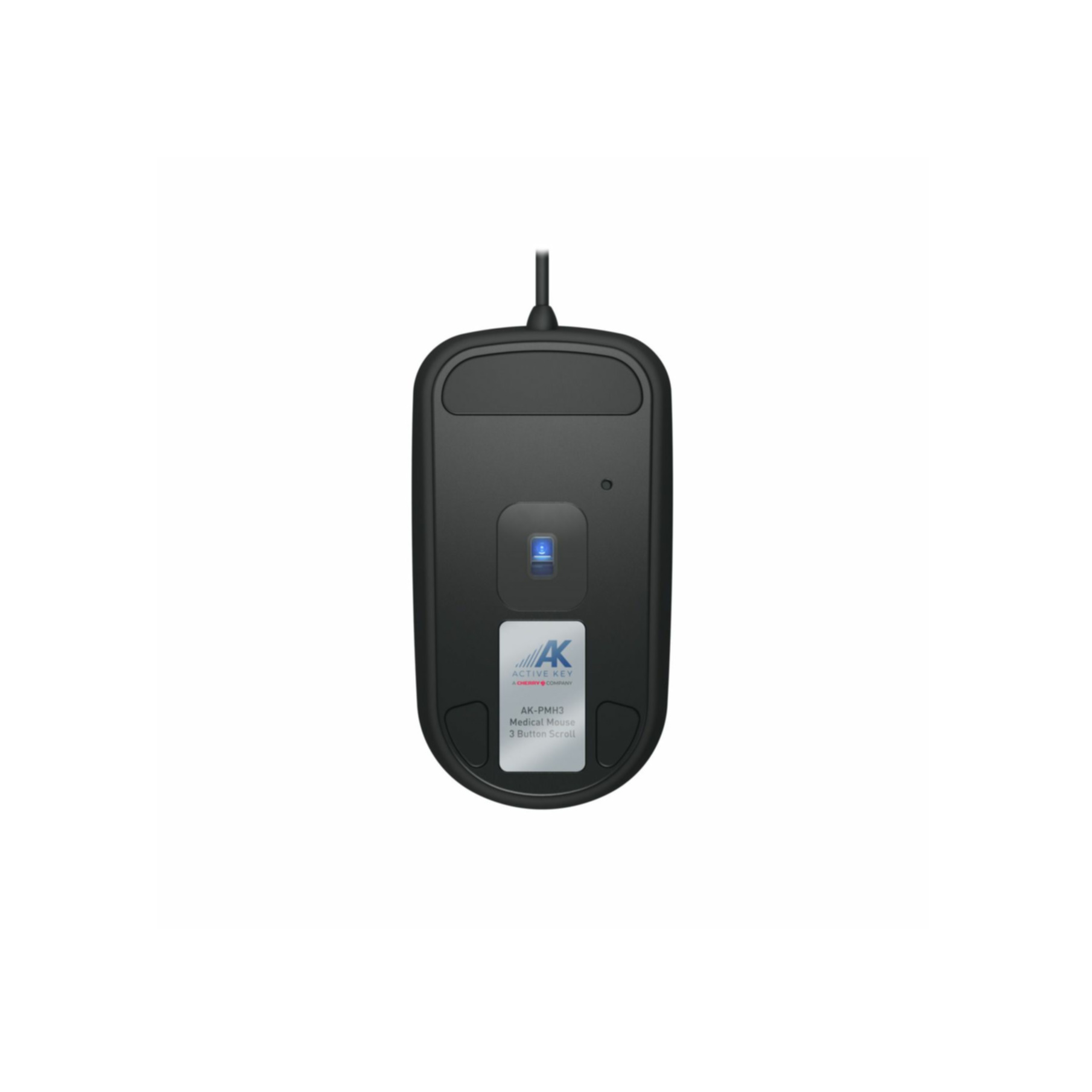 La parte inferior de un ratón de ordenador negro muestra el sensor, el número de modelo y los detalles de conectividad.