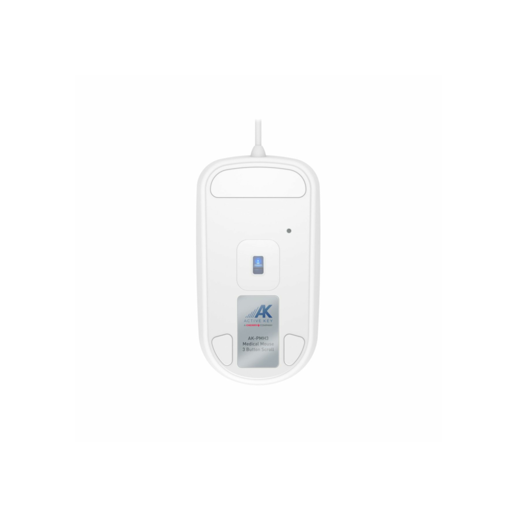 La parte inferior de un ratón de ordenador blanco muestra el sensor, el número de modelo y las características de conectividad.