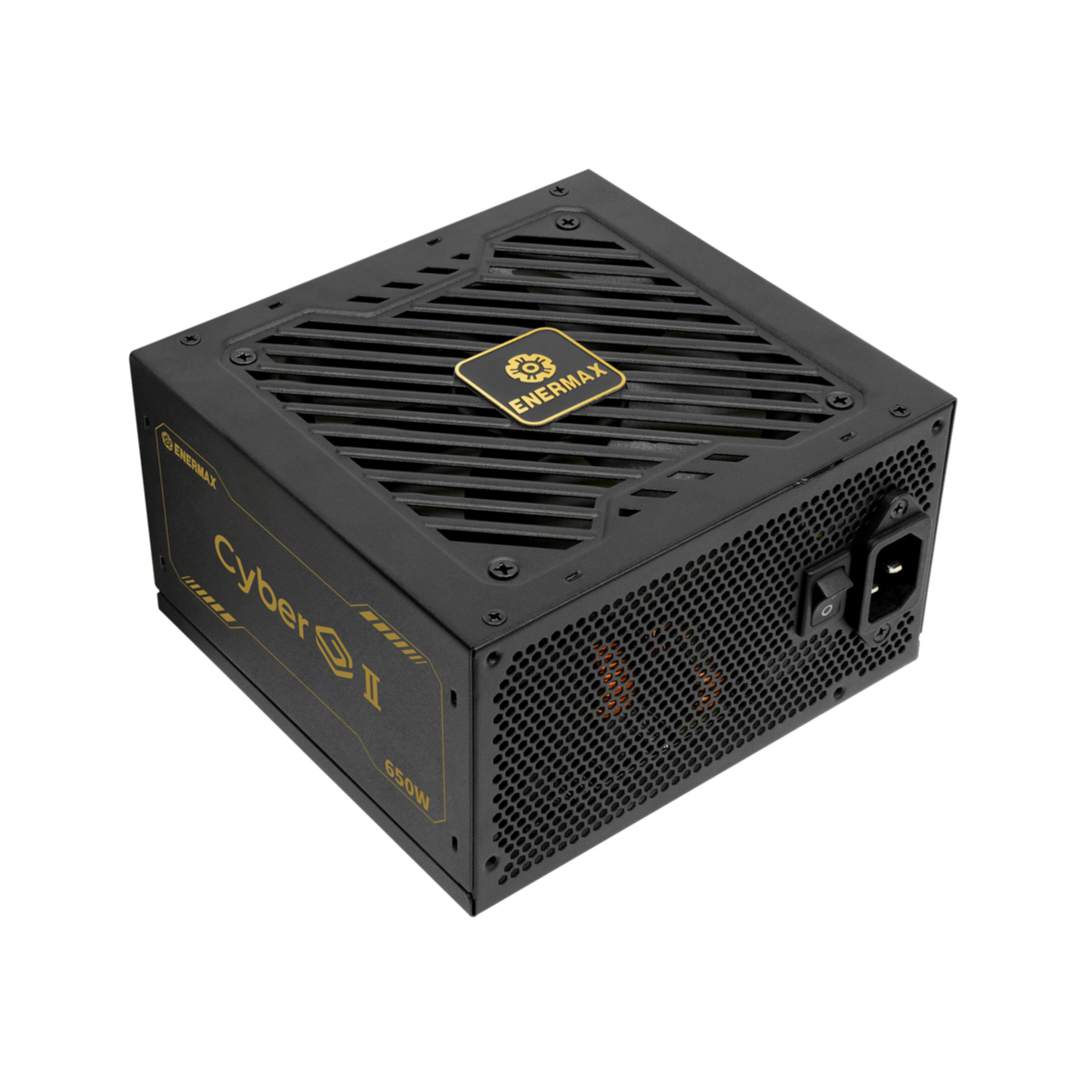 Black power supply with gold lettering. Enermax Cyber II 650W. Angled view. White background.