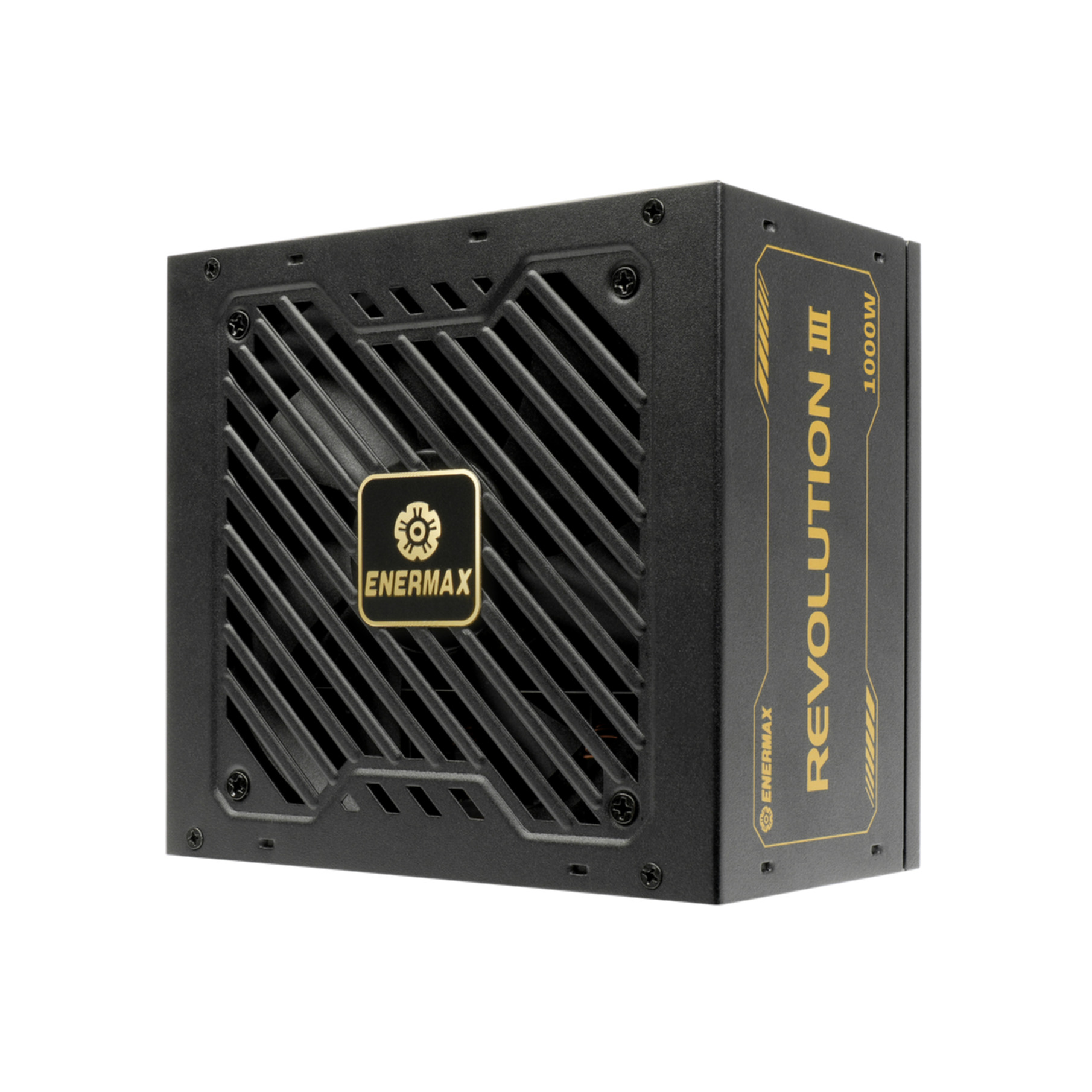 Bloc d'alimentation noir avec lettrage doré. Enermax Revolution III 1000W. Vue en angle. Fond blanc.