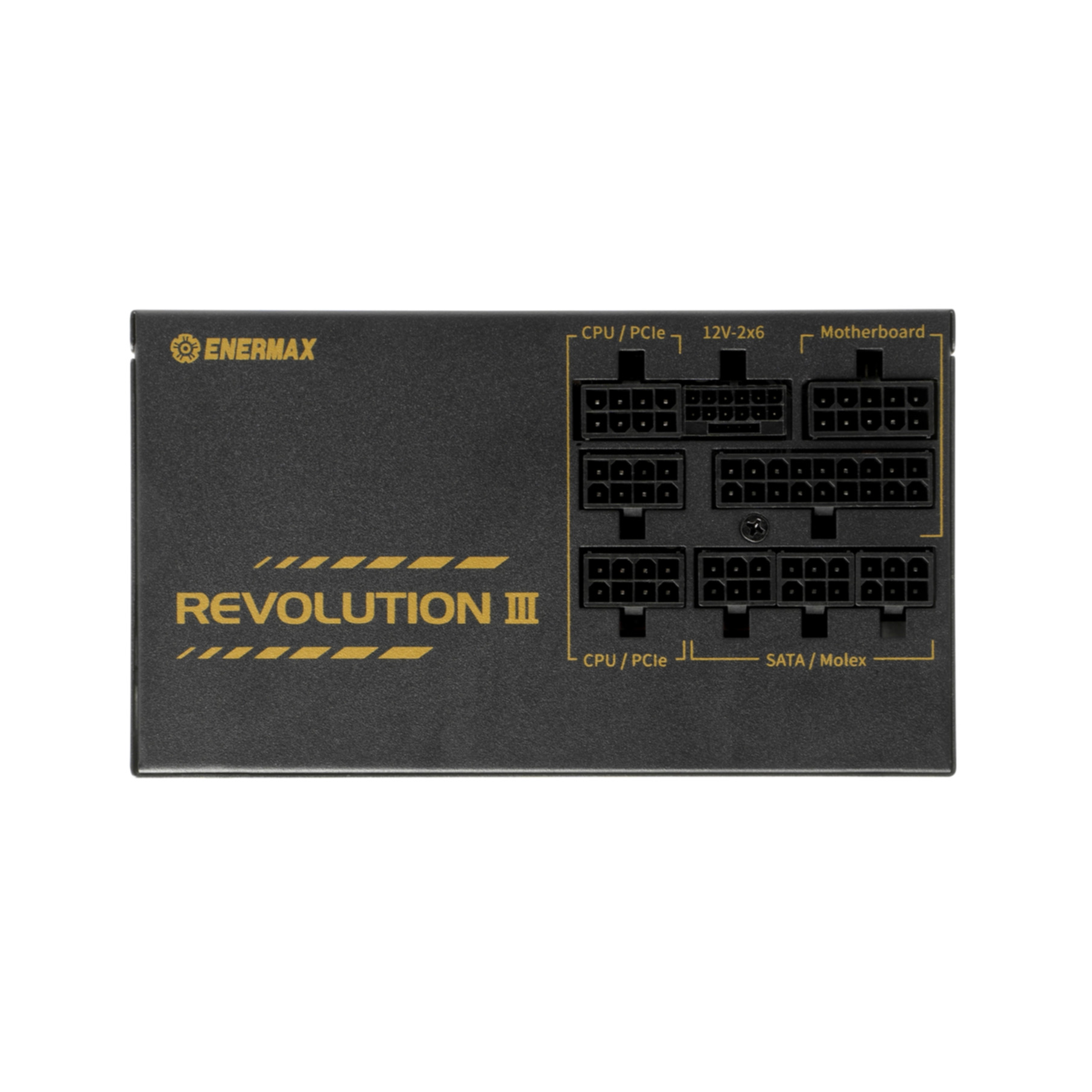 Bloc d'alimentation Enermax noir avec texte doré. Vue de dessus, ports visibles.