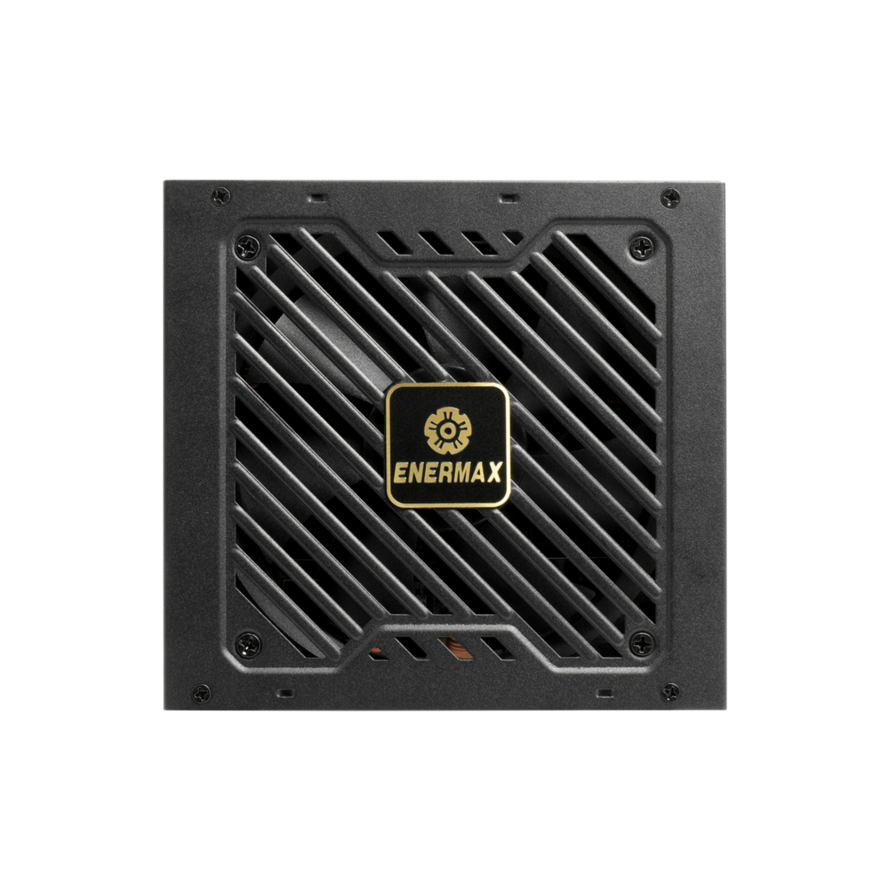 Schwarzes Enermax-Netzteil. Draufsicht, mit goldenem Enermax-Logo und Lüftung.