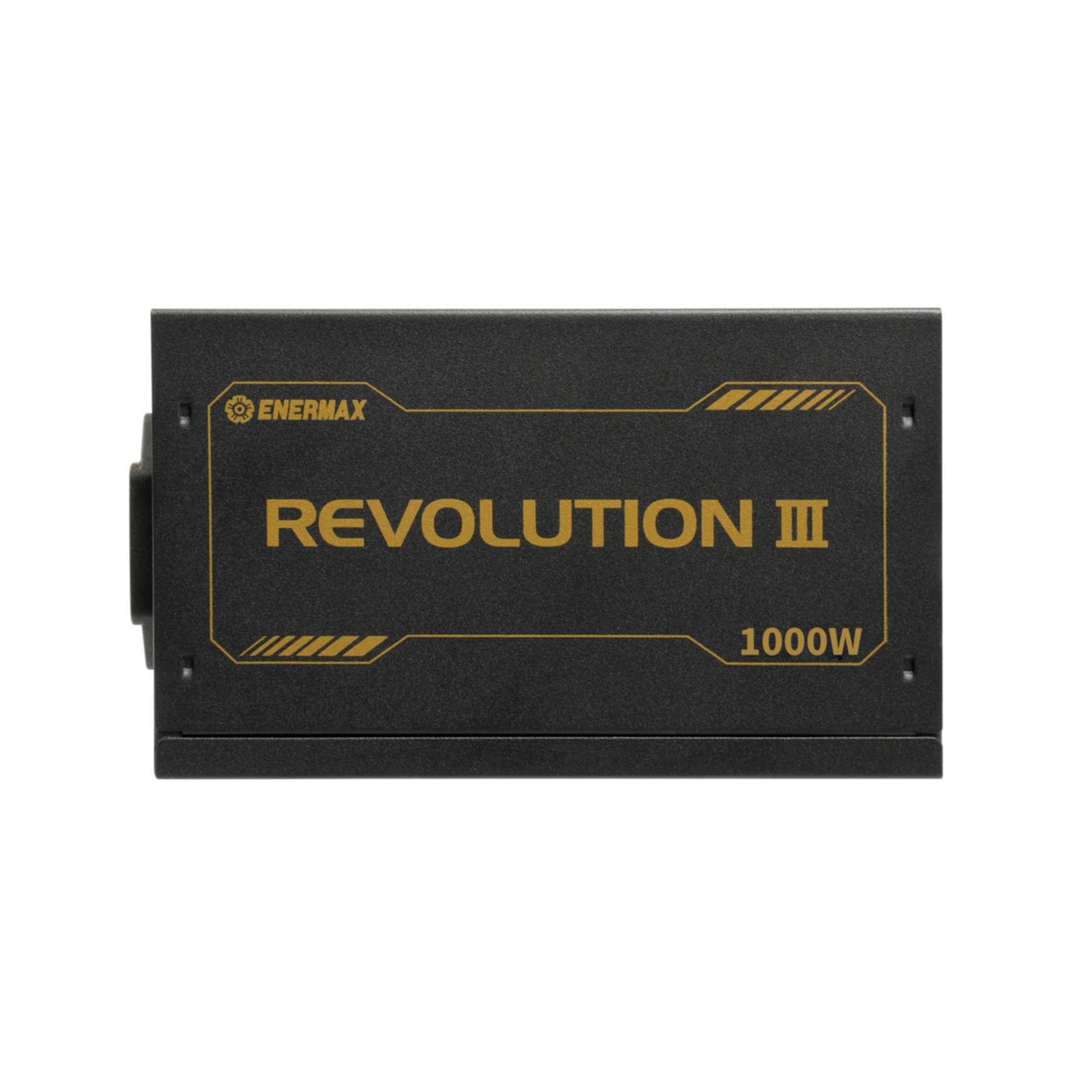 Bloc d'alimentation Enermax noir avec texte doré et logo 'REVOLUTION III'.