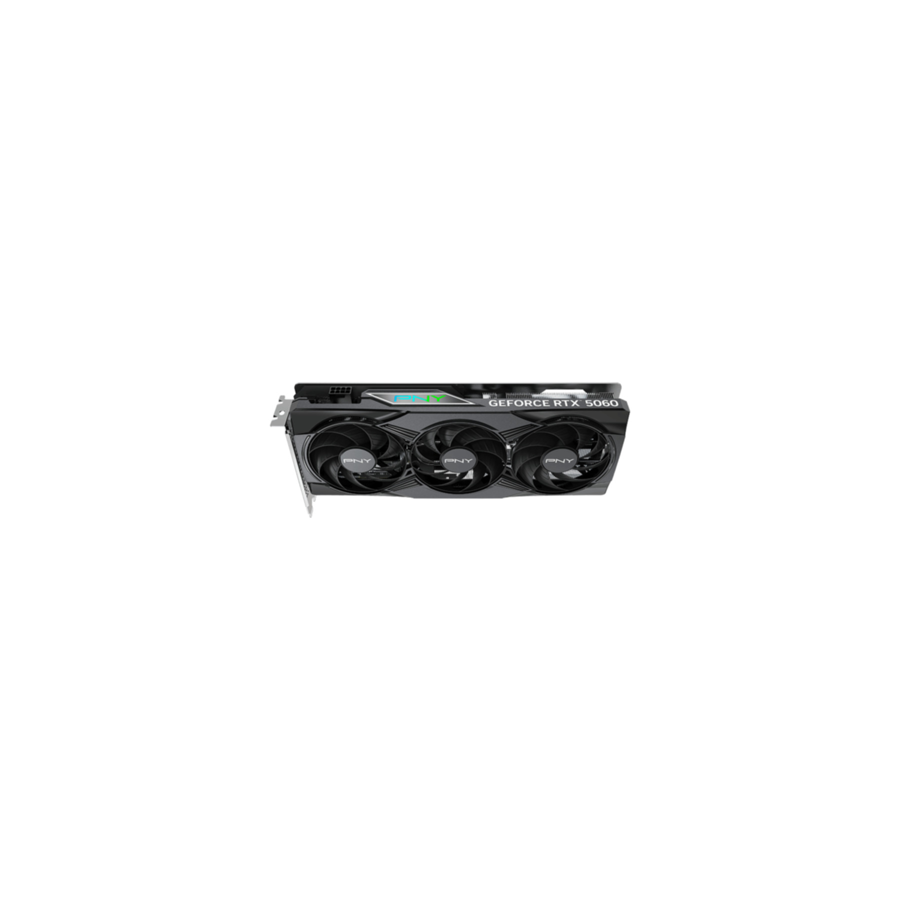 Scheda grafica PNY GeForce RTX 3060. Tre ventole, design nero e argento.