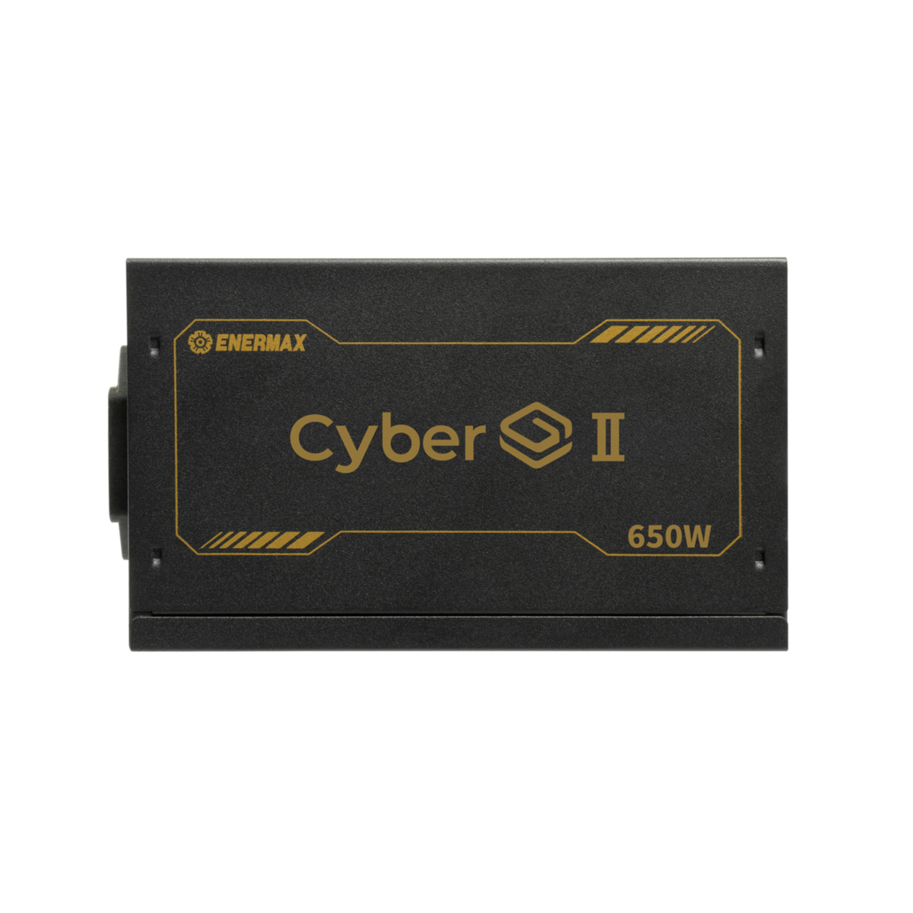 Black Enermax Cyber II power supply with gold accents and '650W' label.