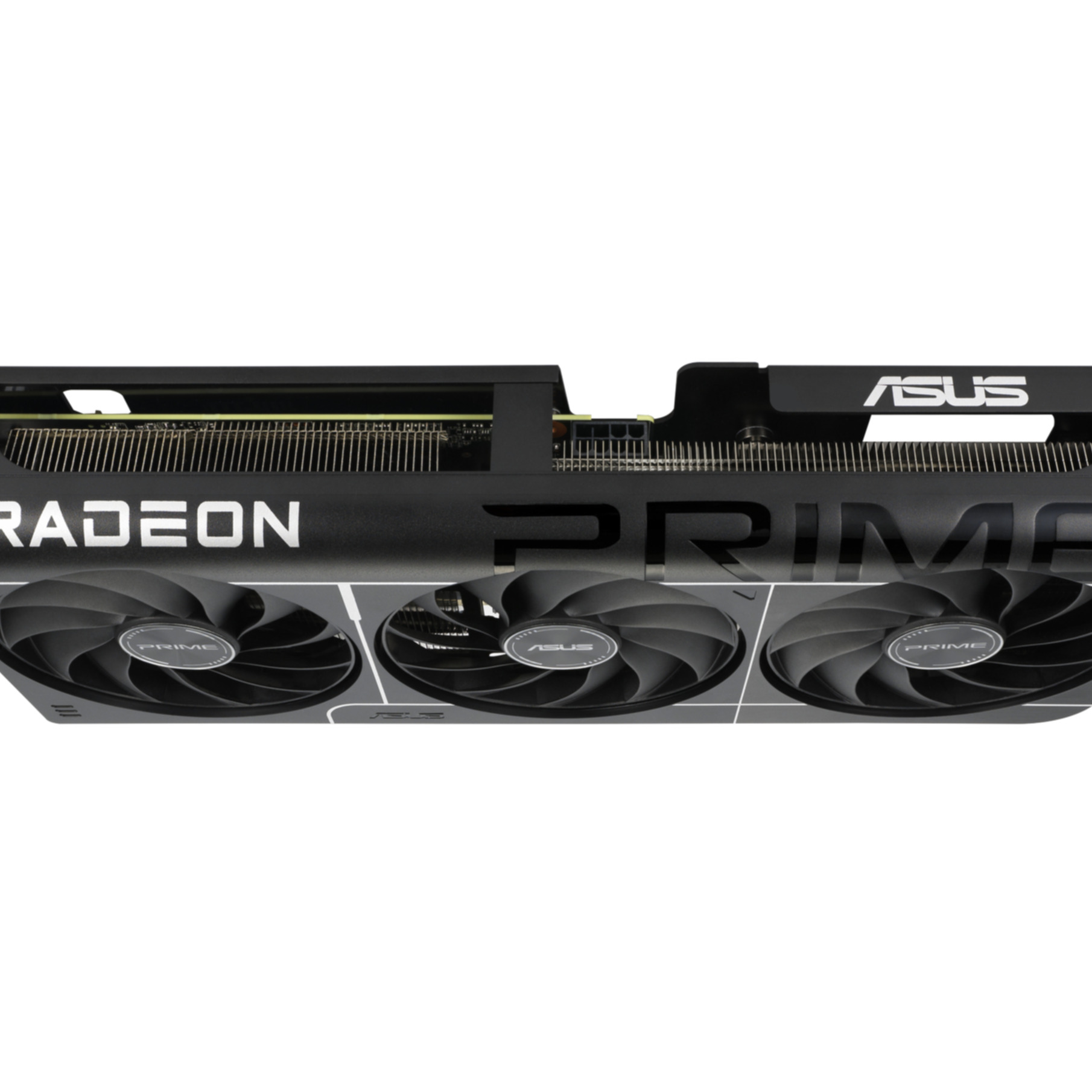 Czarna karta graficzna ASUS Radeon Prime z trzema wentylatorami chłodzącymi.