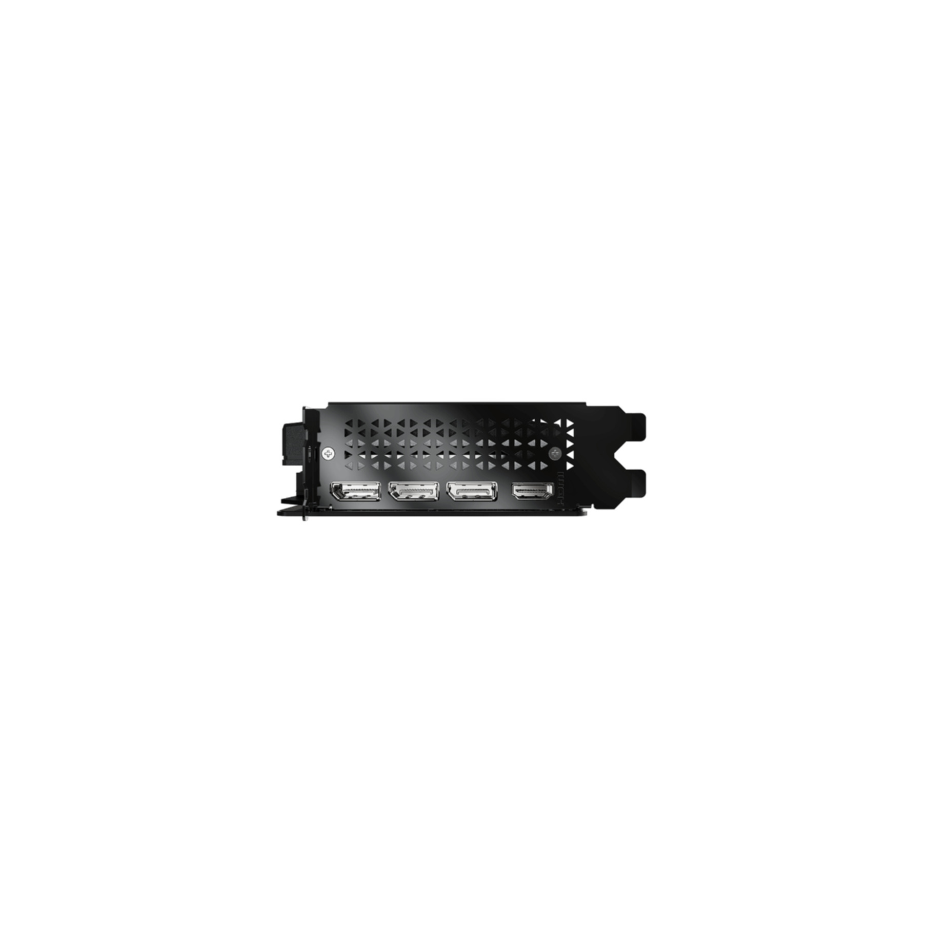 Vista posteriore di una scheda grafica che mostra più connettori HDMI e DisplayPort.