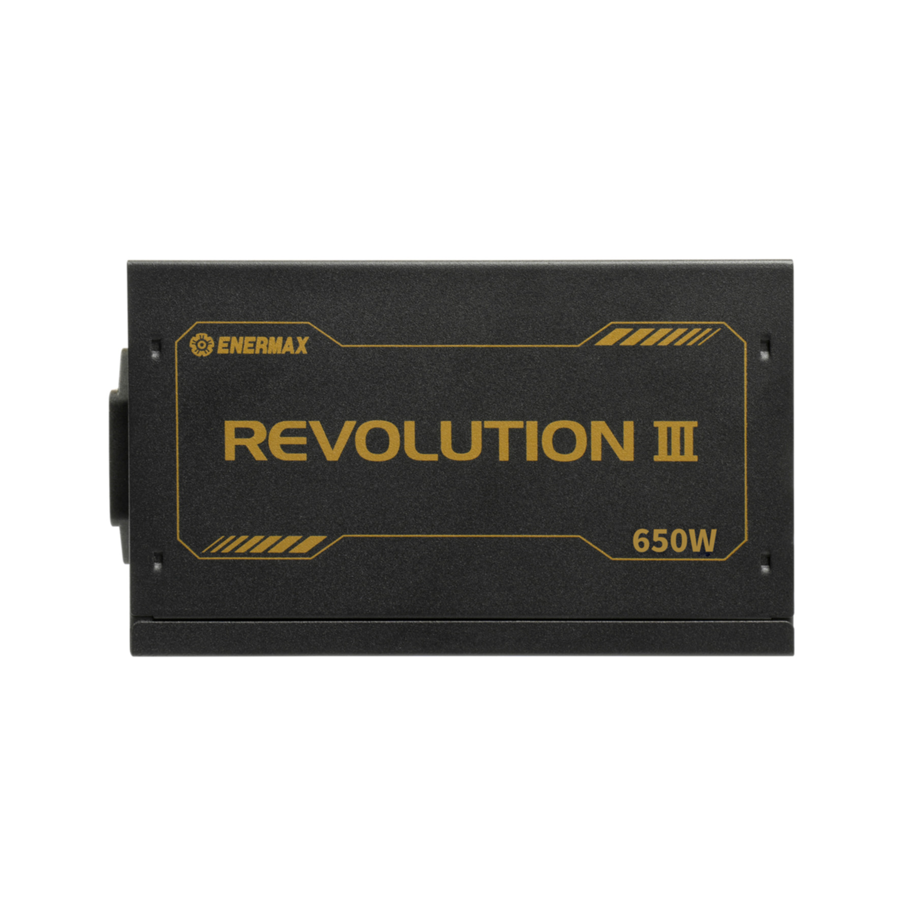 Une alimentation Enermax Revolution III 650W noire avec des lettres dorées sur un fond blanc.