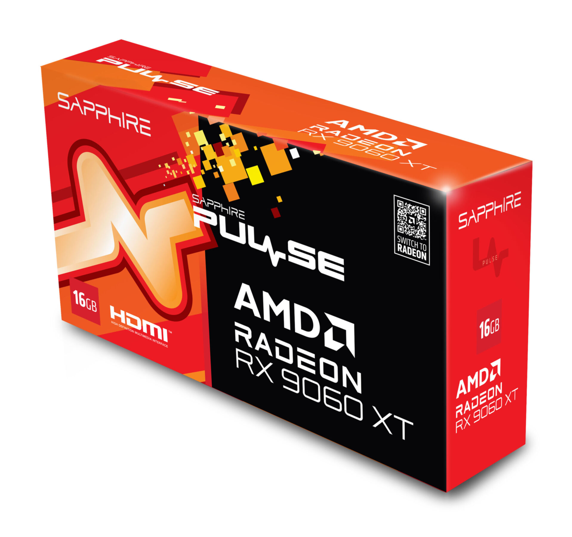 Opakowanie karty graficznej w kolorach pomarańczowym, białym i czarnym. Ma wypisaną nazwę marki i specyfikacje.