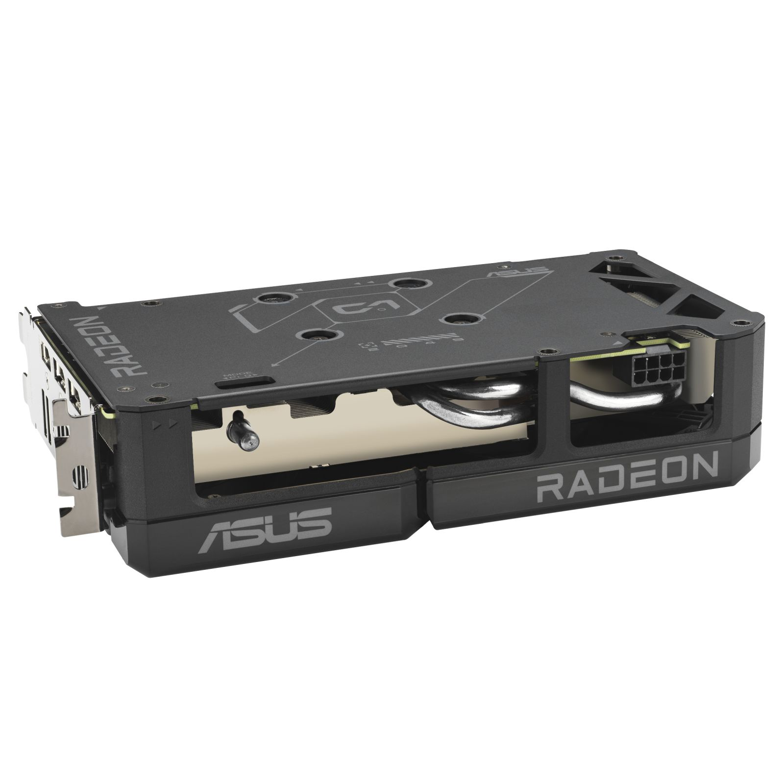 Czarna karta graficzna z nazwą marki napisaną z boku. Widoczne są również metalowe elementy i połączenia.