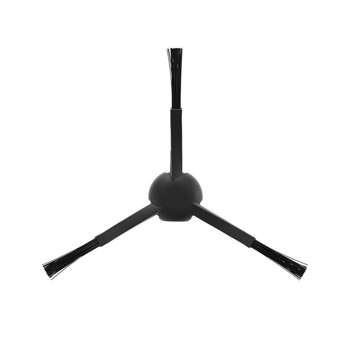 Eine schwarze Roboter-Staubsaugerbürste mit drei Armen, auf weißem Hintergrund.