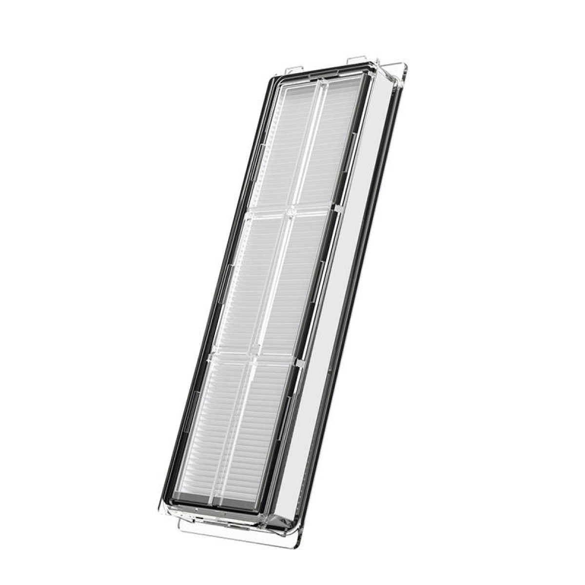 Ukośny widok prostokątnego filtra z czarną ramką, używanego do systemów oczyszczania powietrza.