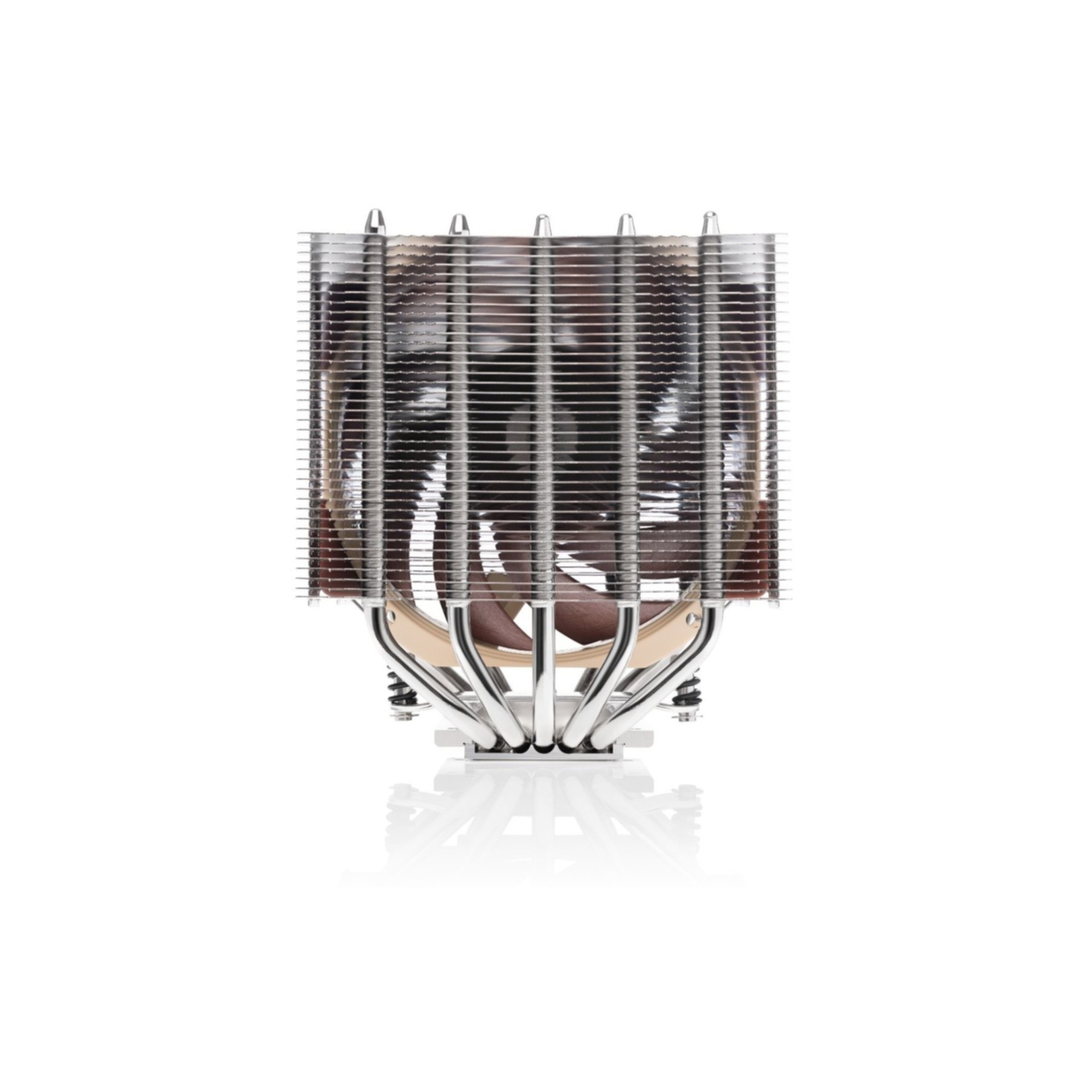 A CPU cooler with a heat sink and fan is centered on a white background.