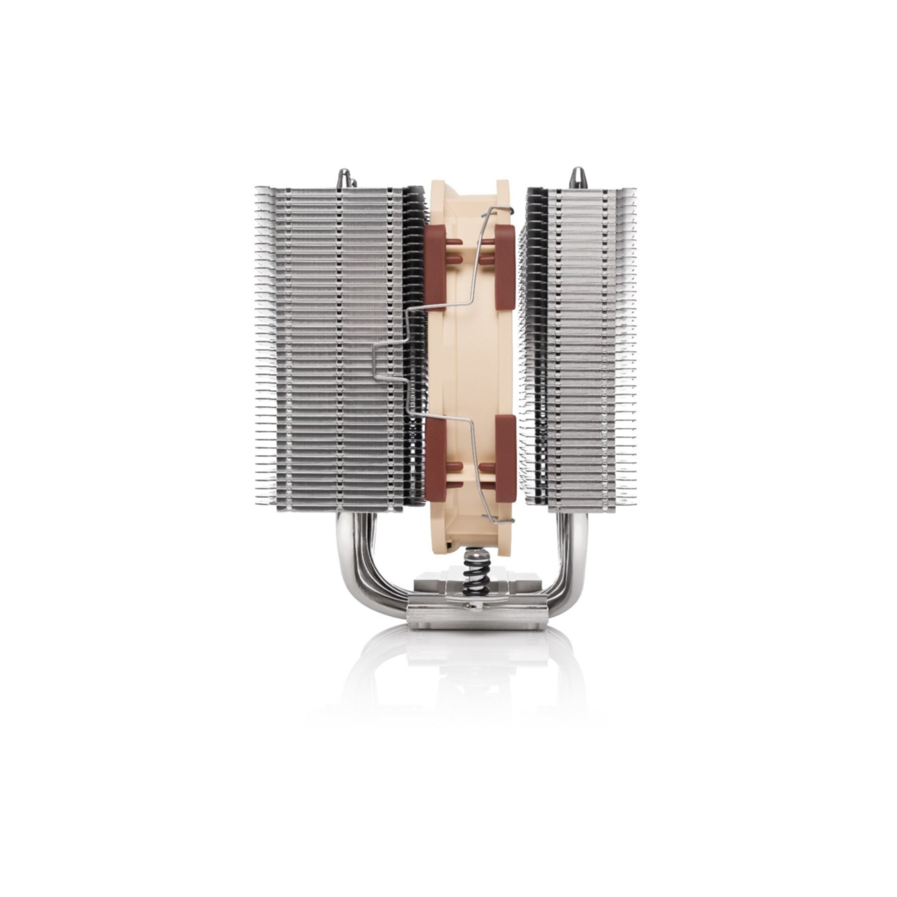 A CPU cooler with a heat sink and fan is centered on a white background.