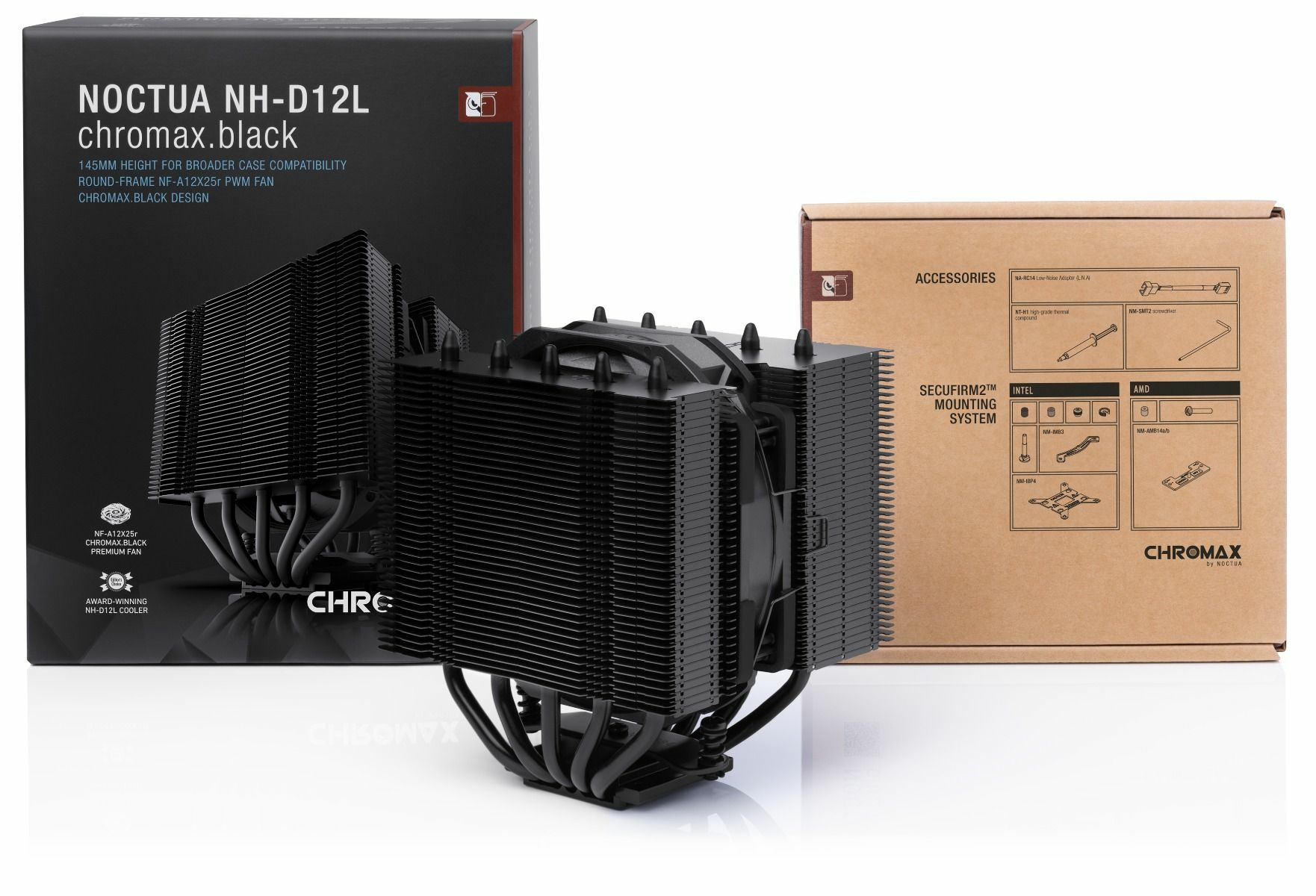 A black CPU cooler is placed between two boxes, one black and one brown, on a white background.