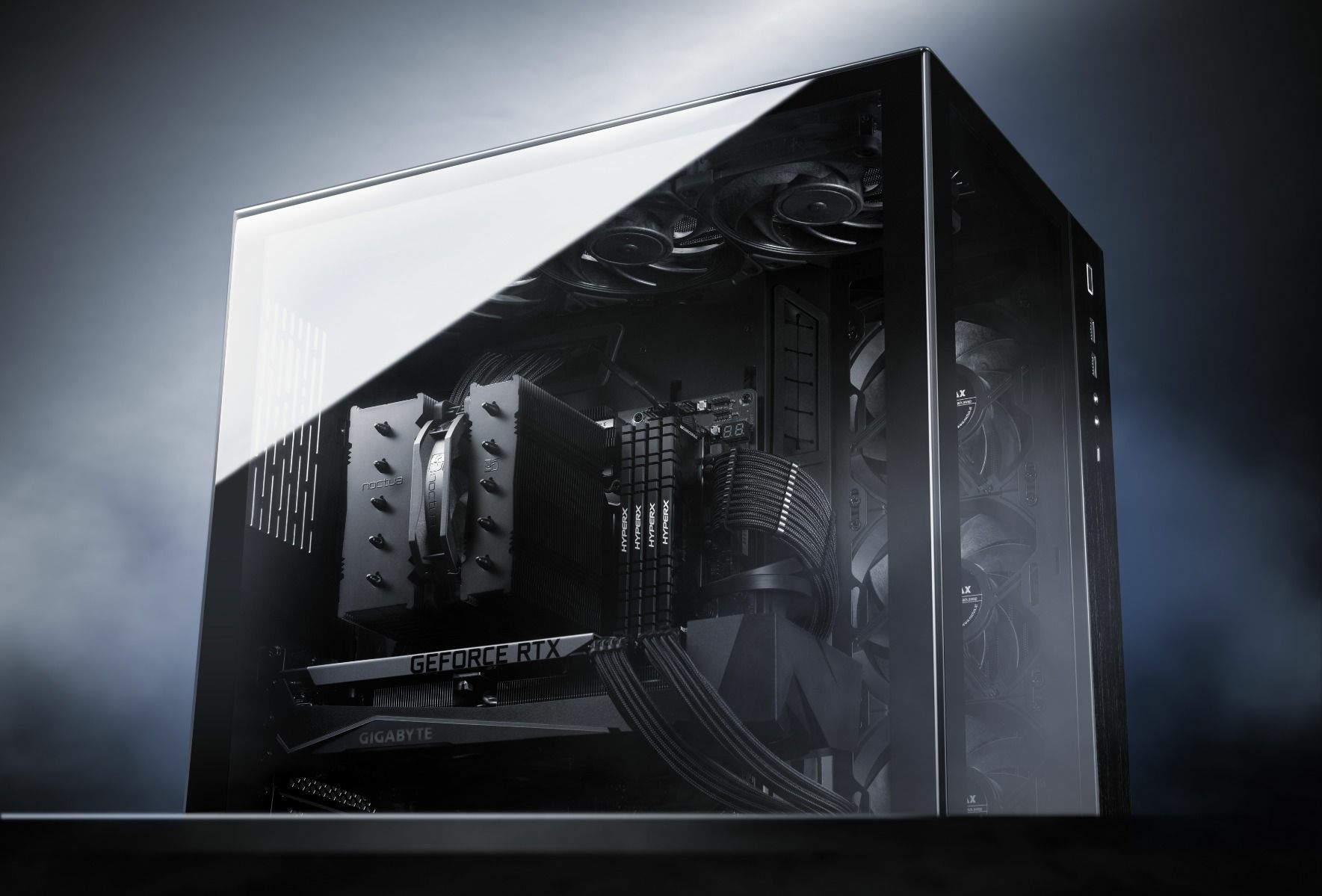 A computer tower with a glass side panel, showing internal components, on a dark background.