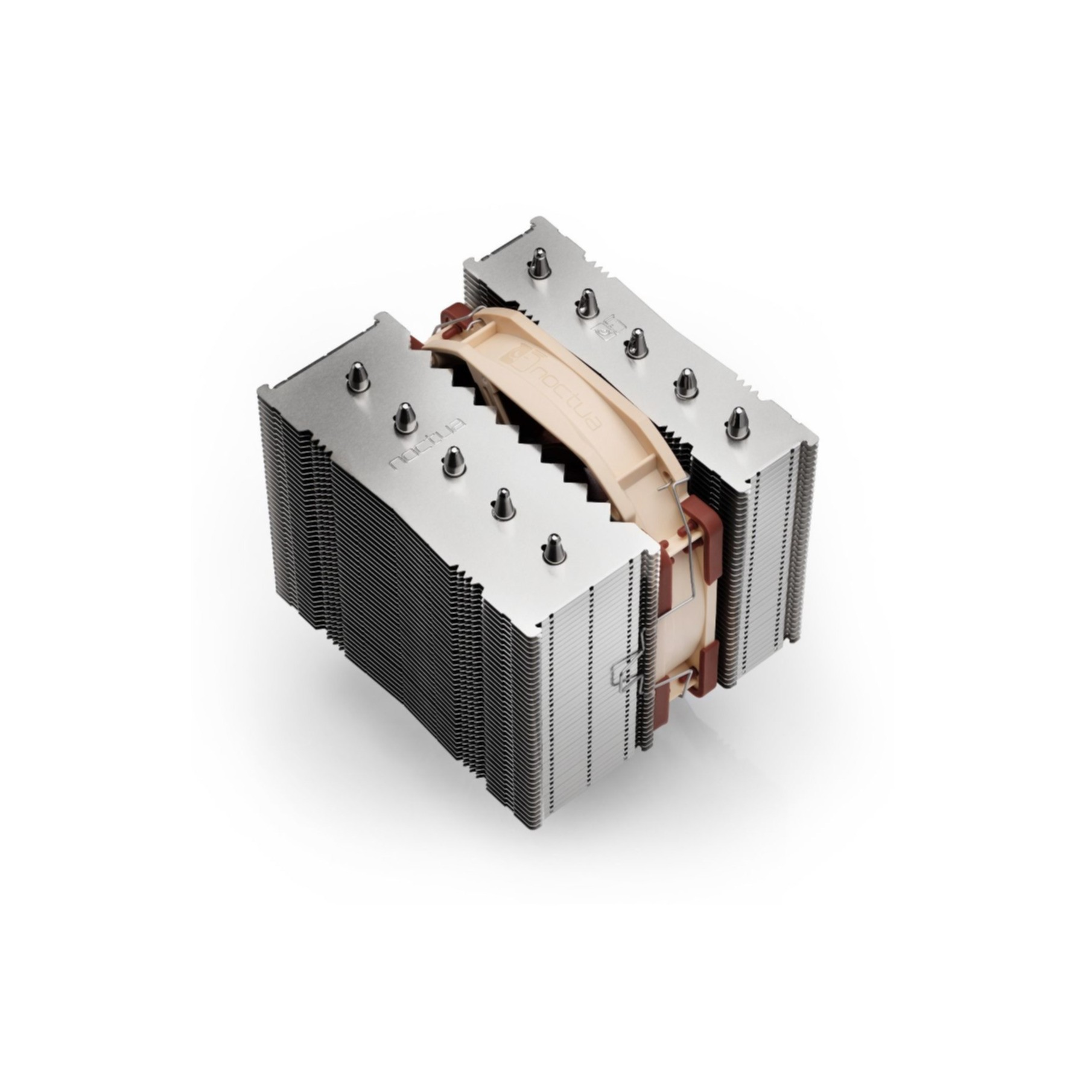 A CPU cooler with a heat sink and fan, on a white background.