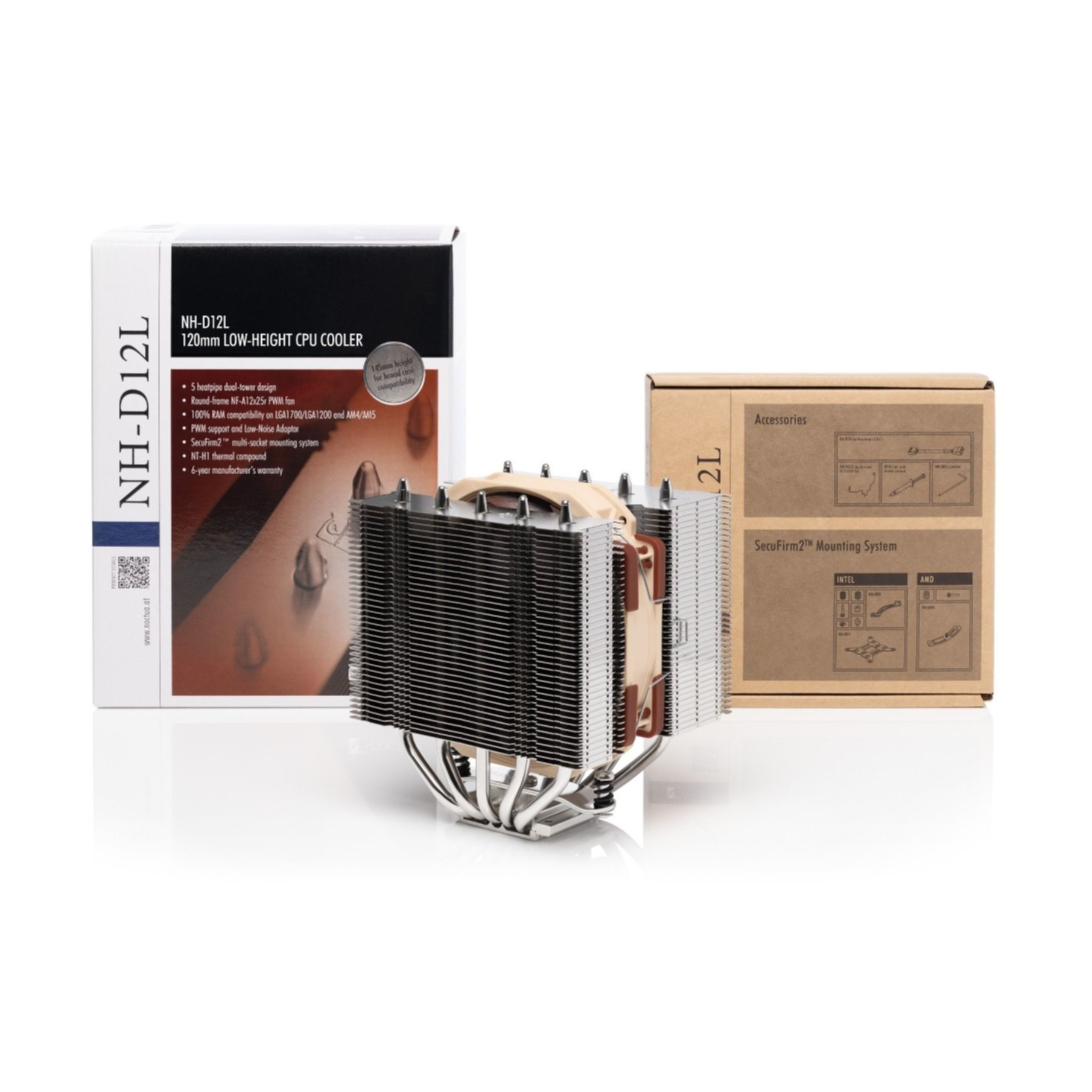 CPU cooler with boxes on a white background. The cooler has heat sink and fan elements.