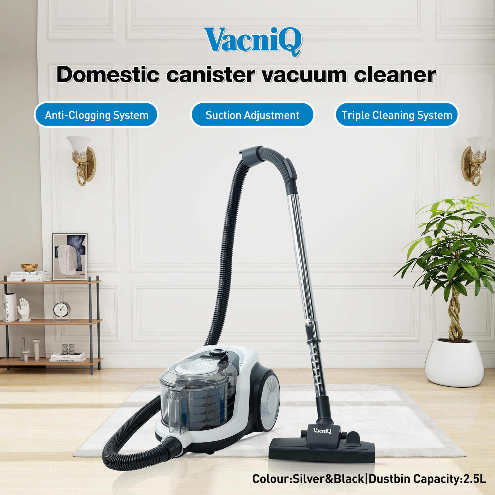 Srebrno-czarny odkurzacz kanistrowy z wężem i nasadkami, stojący na dywanie w pokoju.