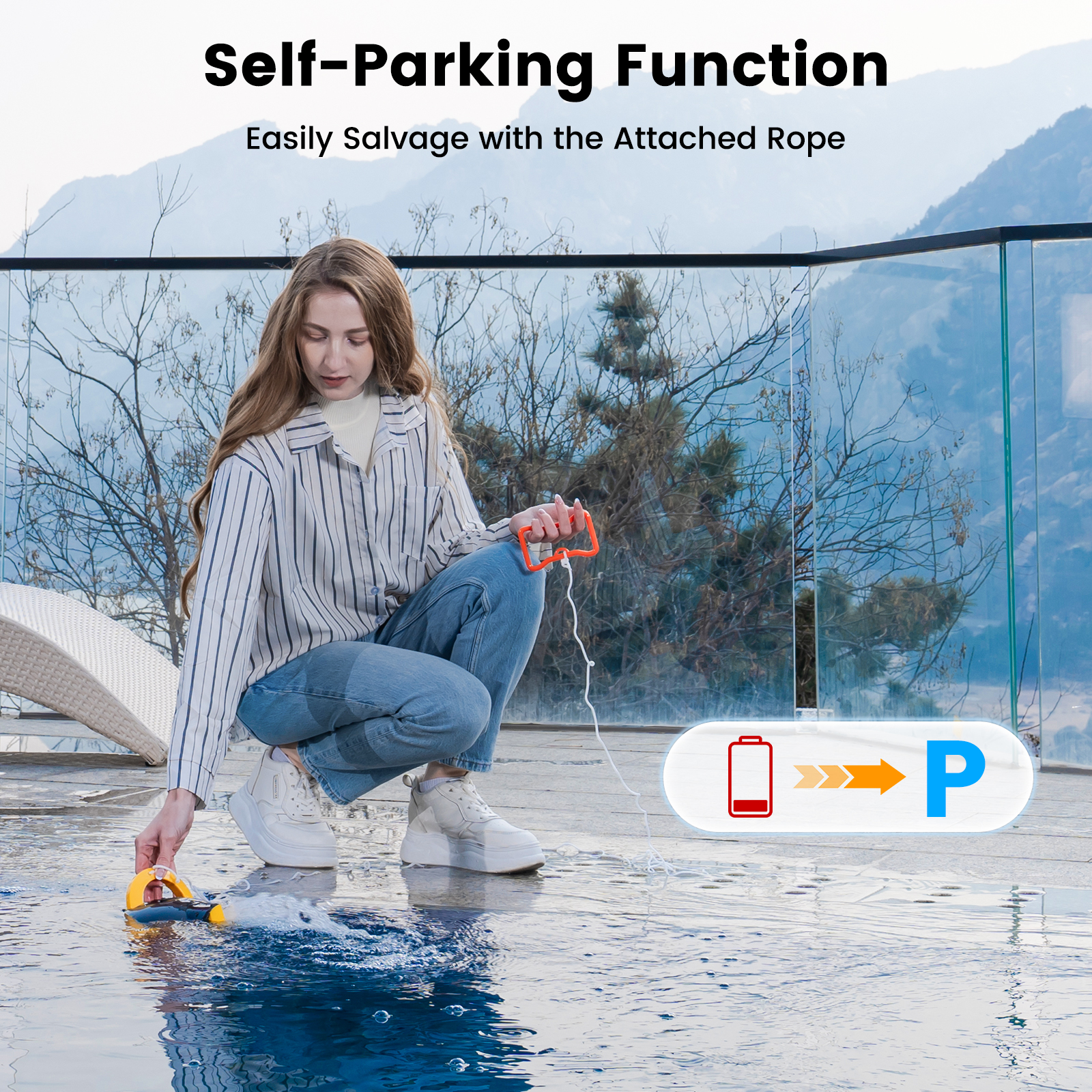 Une femme au bord d'une piscine tenant un nettoyeur de piscine avec une corde. Le texte dit 'Self-Parking Function'.