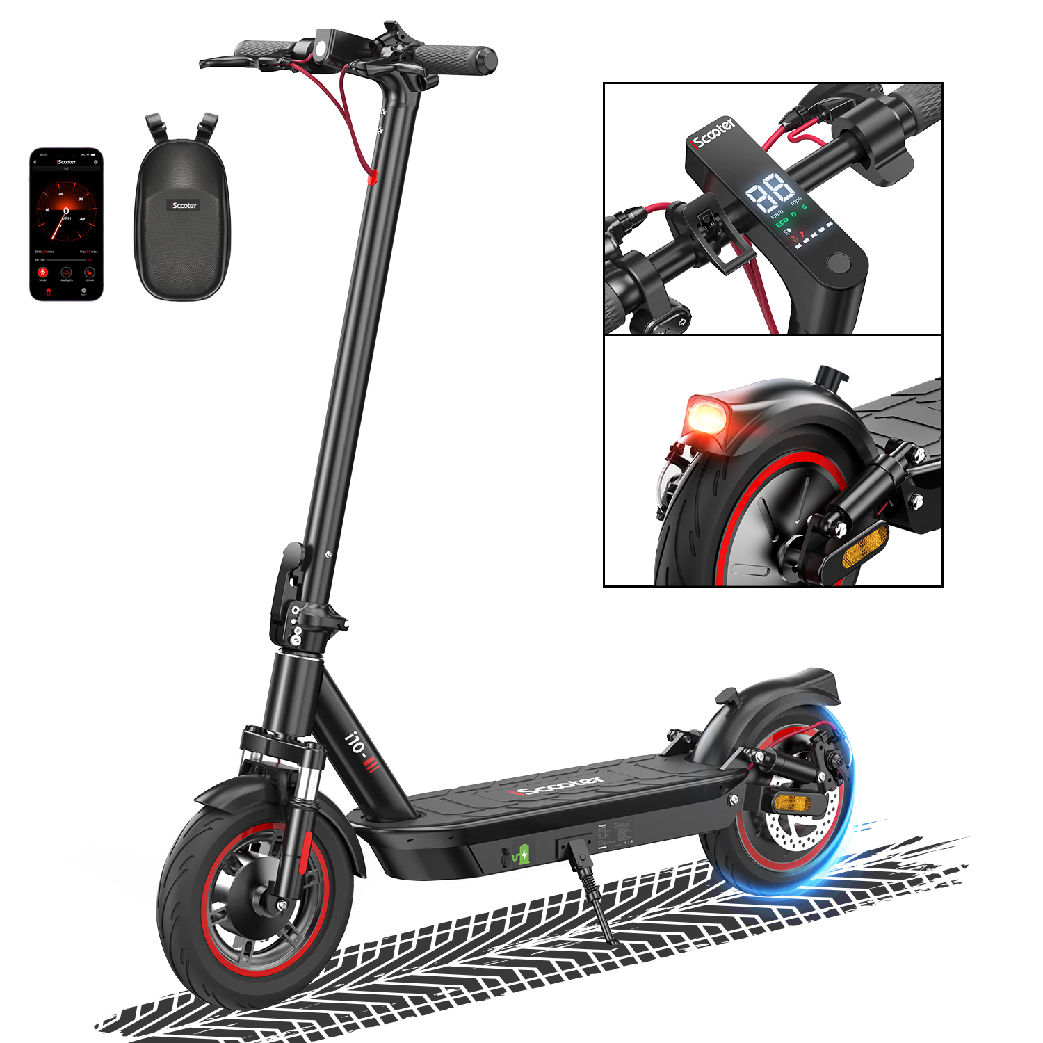Un monopattino elettrico nero con dettagli rossi viene mostrato con un display informativo e una borsa portaoggetti.