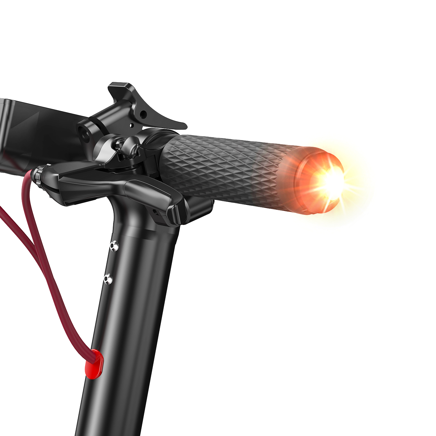 Primo piano del manubrio di un monopattino elettrico nero con luce illuminata e cavo rosso.