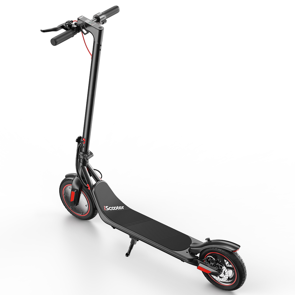 Scooter elettrico nero, vista dall'alto. Dettagli rossi su ruote e manubrio. Cavalletto abbassato.